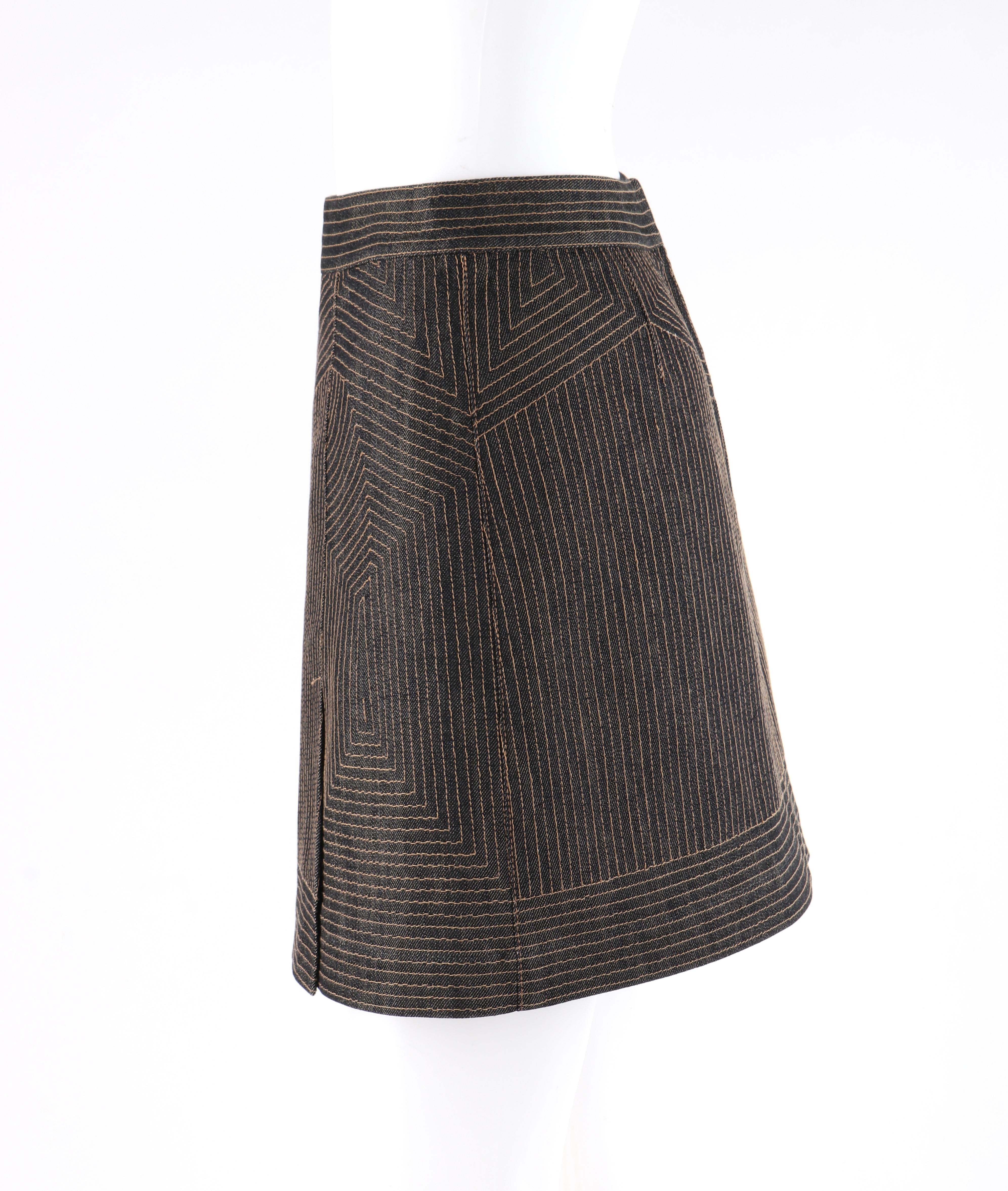 ALEXANDER McQUEEN c.2008 Black Denim Patterned Top Stitched Mini Skirt ...