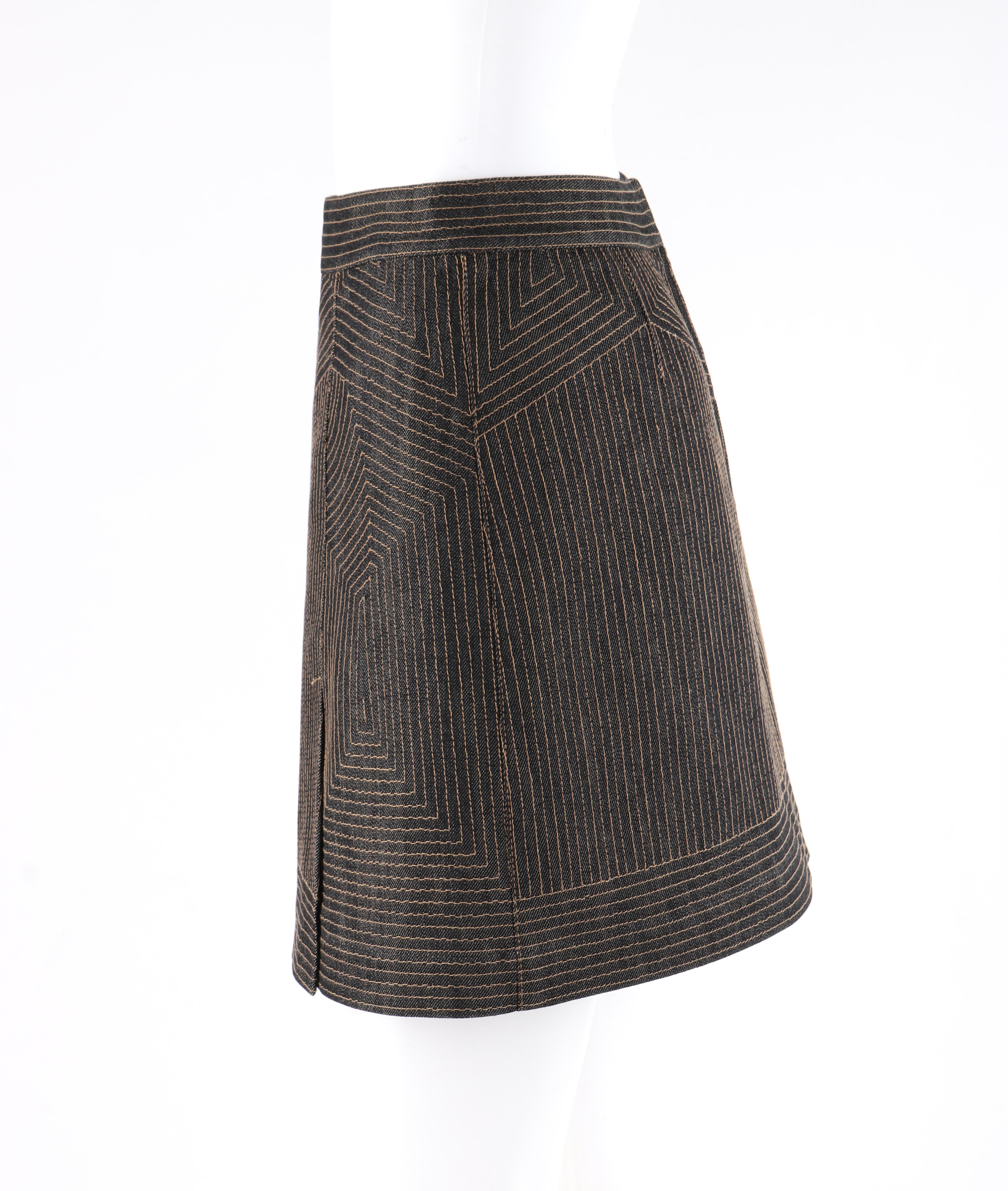 ALEXANDER McQUEEN c.2008 Black Denim Patterned Top Stitched Mini Skirt 1