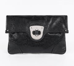 ALEXANDER McQUEEN c.2008 Black Leather Paisley Embossed Large Clutch Purse Bag