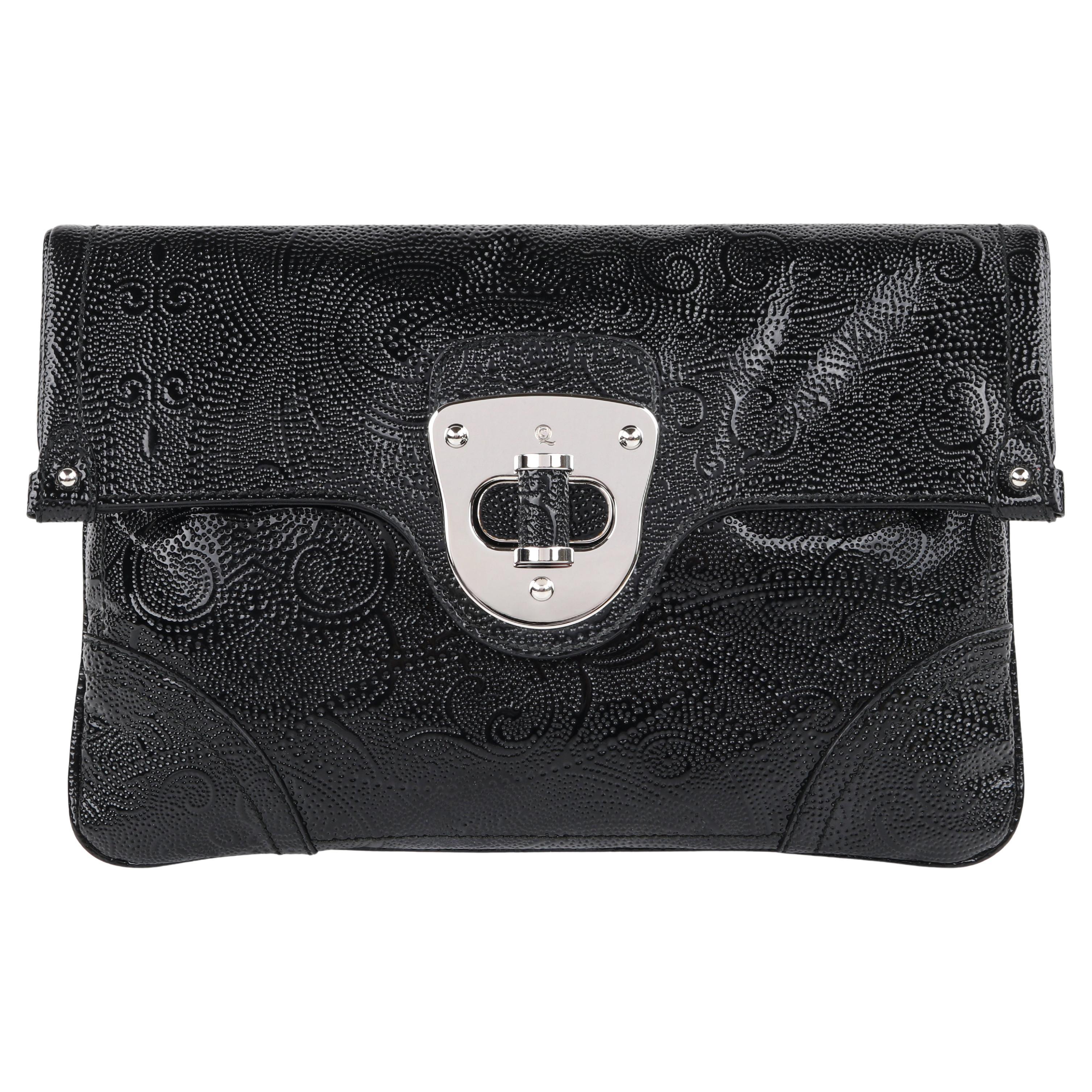 ALEXANDER McQUEEN c.2008 Black Leather Paisley Embossed Large Clutch ...