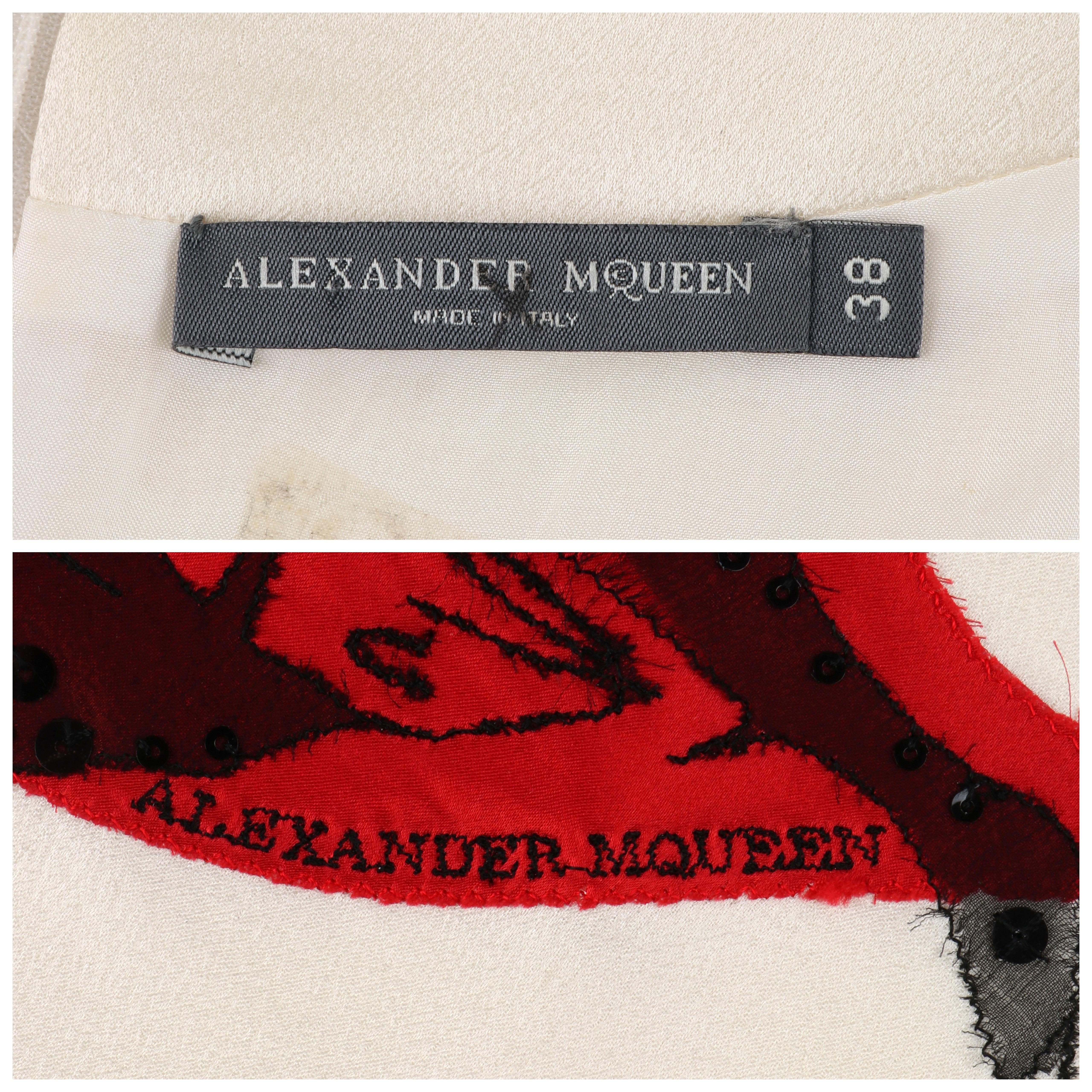 ALEXANDER McQUEEN c.2009 Ivory Red Black Silkscreen Sequin Lips V-Neck Blouse 2