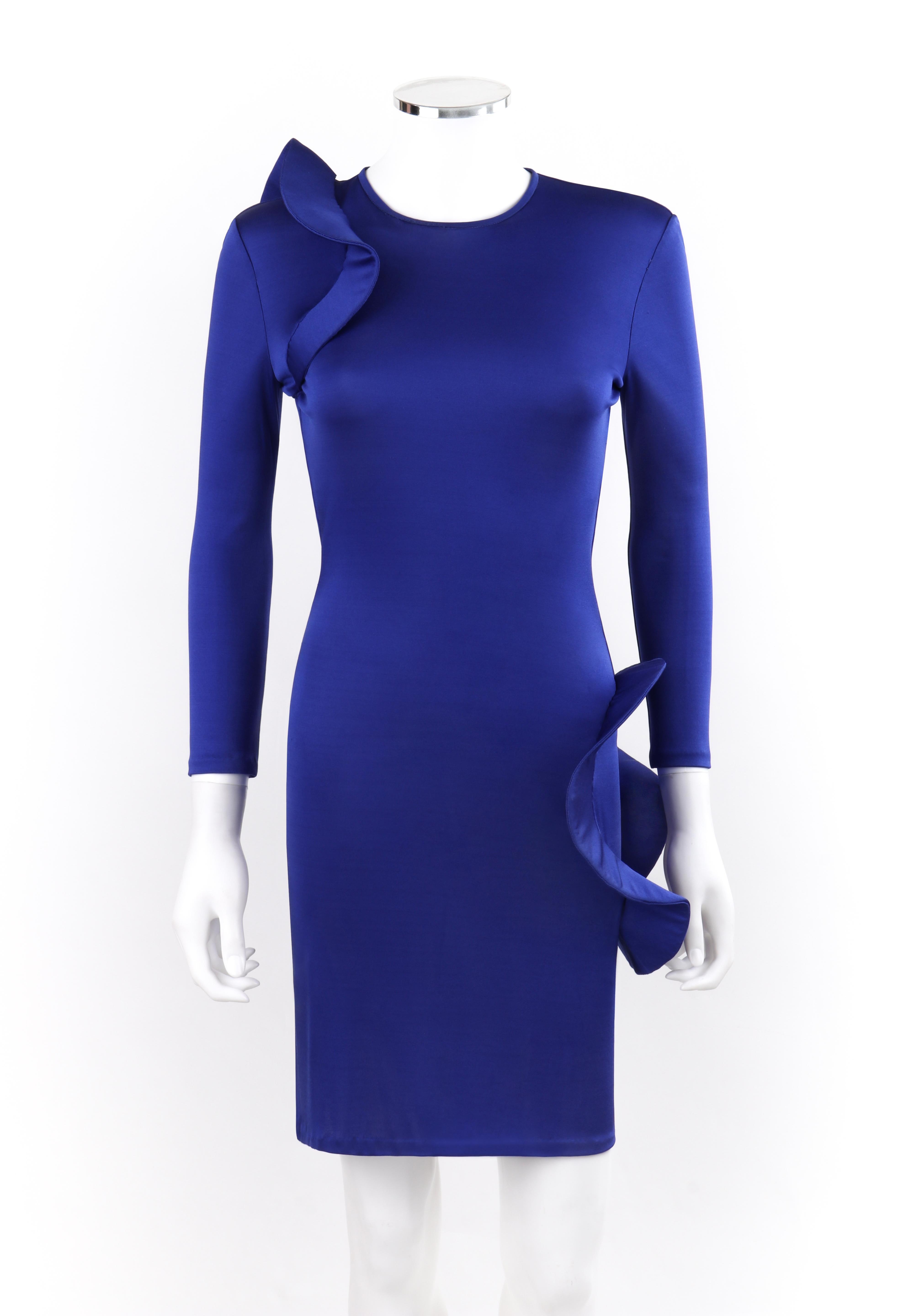 ALEXANDER McQUEEN  c.2010 Royal Blue Structured Ruffle Bodycon Dress 
(one of a kind sample - not placed into production)
 
Brand / Manufacturer: Alexander McQueen
Collection: S/S 2010
Style: Structured ruffle dress
Color(s): Royal blue
Lined: