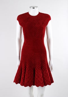ALEXANDER McQUEEN c.2010's Red Wool Quilted Plush Sleeveless Fit & Flair Dress