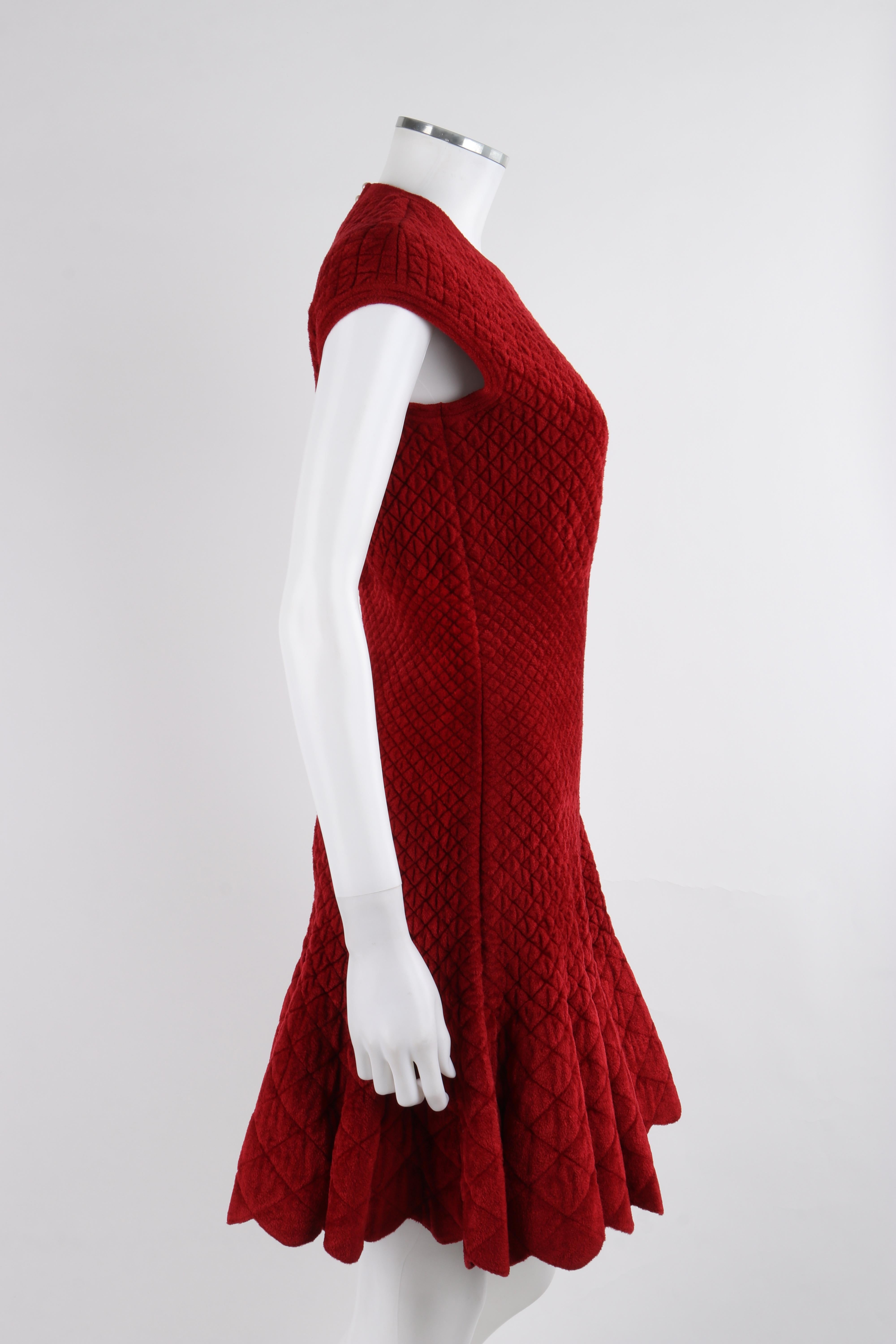 Women's ALEXANDER McQUEEN c.2010's Red Wool Quilted Plush Sleeveless Fit & Flair Dress For Sale
