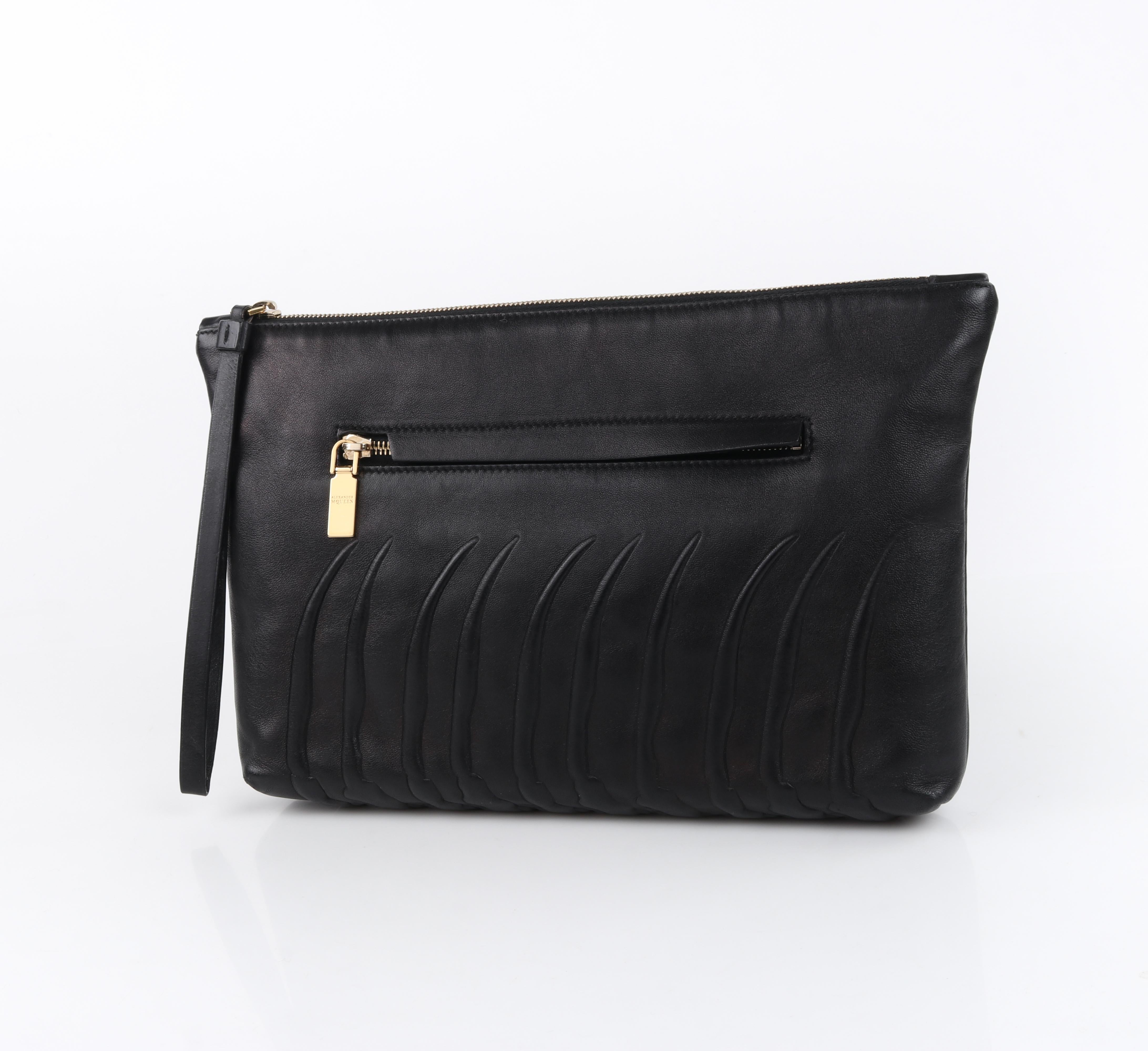 Women's or Men's ALEXANDER McQUEEN c.2012 Black Leather Spine Bones Embossed Oversized Clutch Bag For Sale