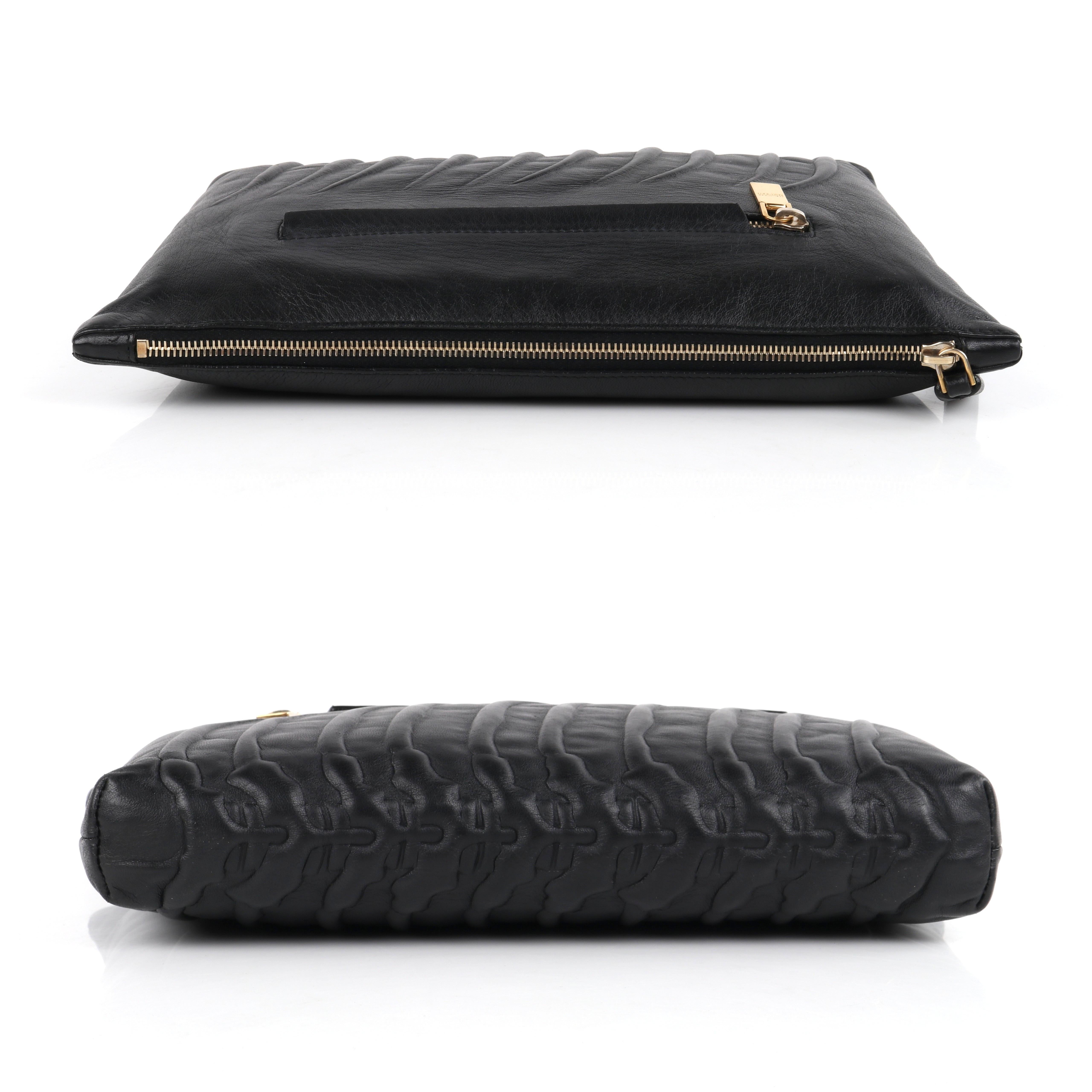 ALEXANDER McQUEEN c.2012 Black Leather Spine Bones Embossed Oversized Clutch Bag 1