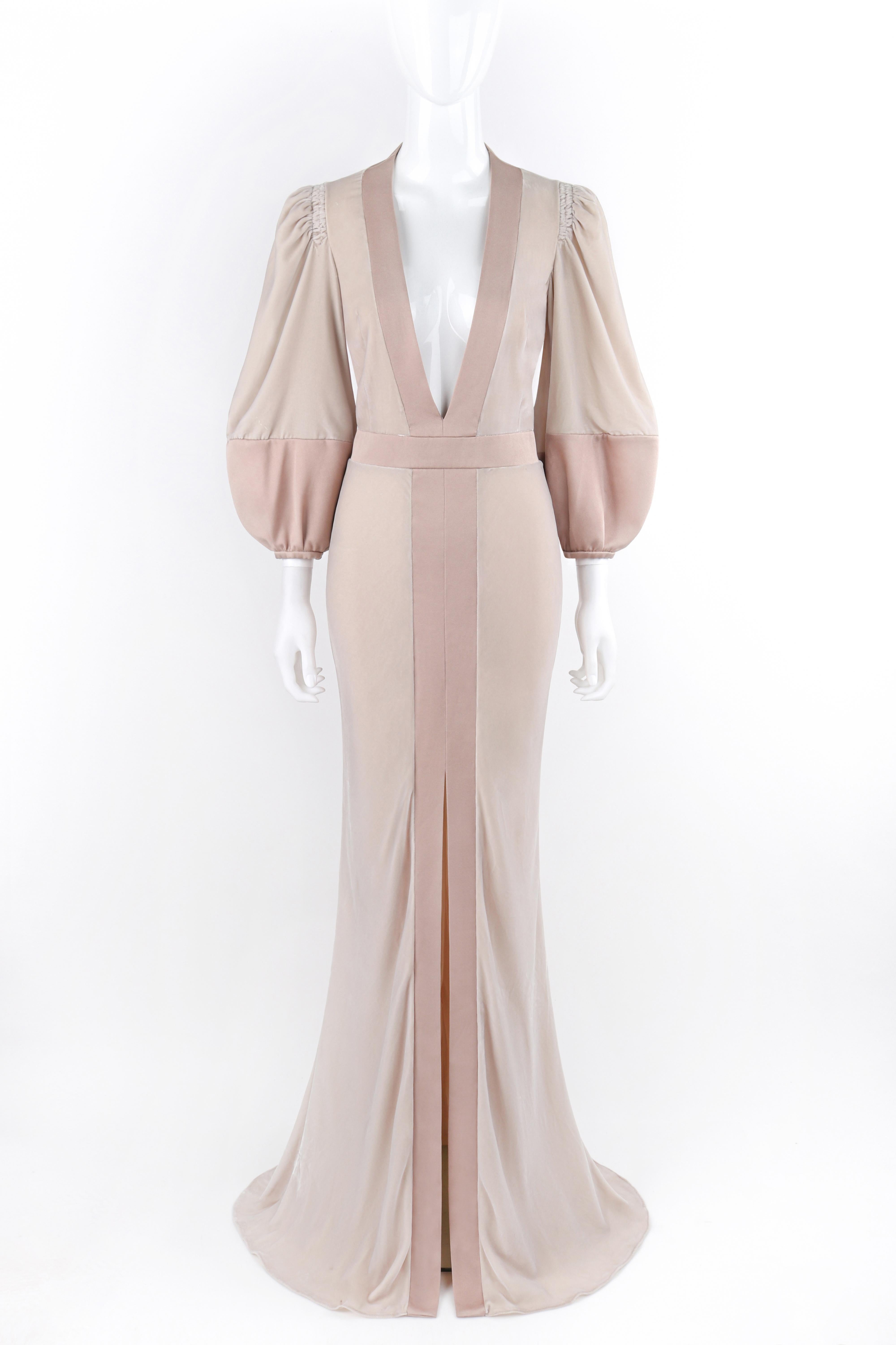 Brand / Manufacturer: Alexander McQueen
Circa: 2017
Designer: Sarah Burton
Style: Gown
Color(s): Shades of mauve
Lined: Yes 
Unmarked Fabric Content (feel of): Velvet (primary fabric), satin (trim), silk (lining)
Additional Details / Inclusions: