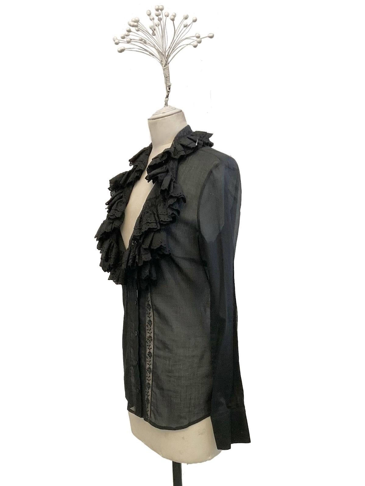 ALEXANDER McQUEEN Black cotton voile shirt with ruffles season FW 2006 In New Condition For Sale In Milano, IT