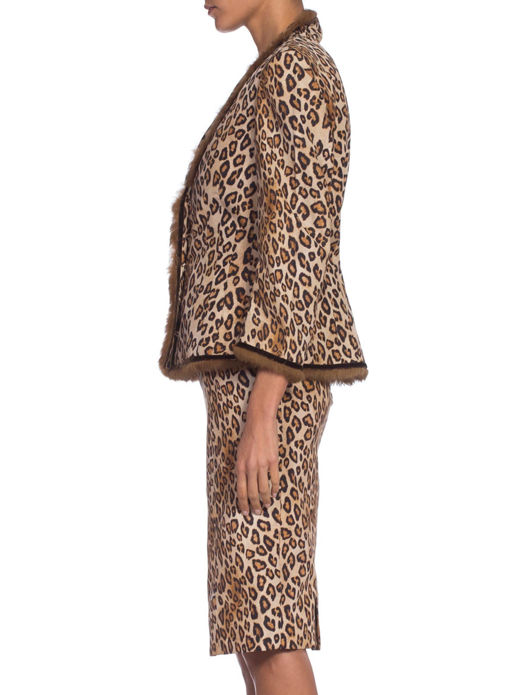 2000S ALEXANDER MCQUEEN Leopard Print Silk Taffeta Mink Trimmed Jacket & Dress Ensemble
