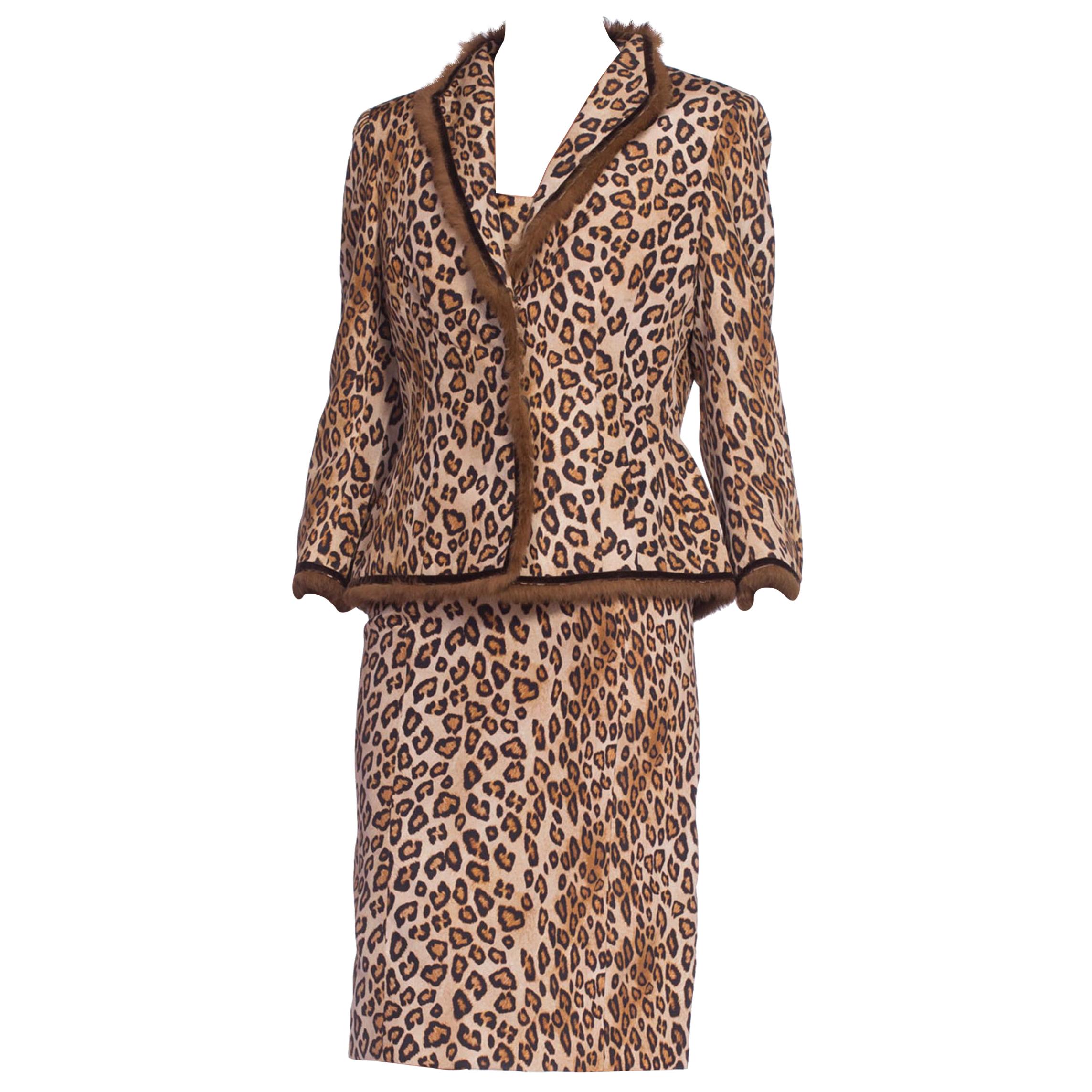 2000S ALEXANDER MCQUEEN Leopard Print Silk Taffeta Mink Trimmed Jacket & Dress  For Sale