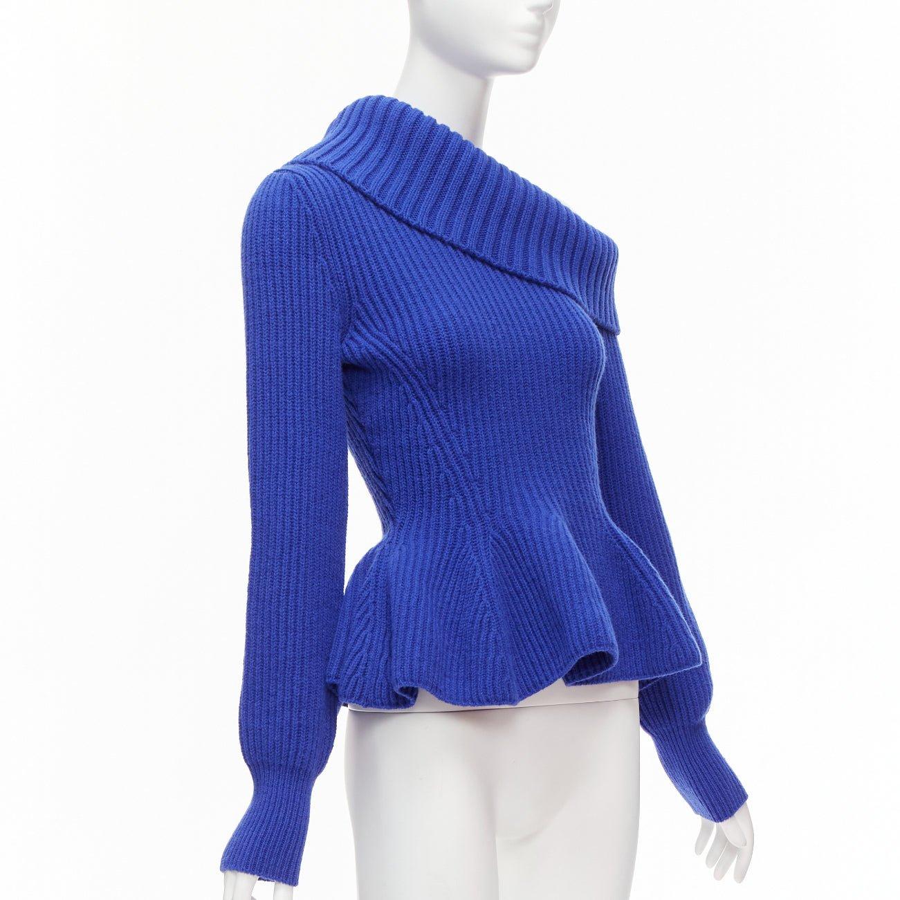 Blue ALEXANDER MCQUEEN cobalt blue wool cashmere off shoulder peplum ribbed sweater S For Sale