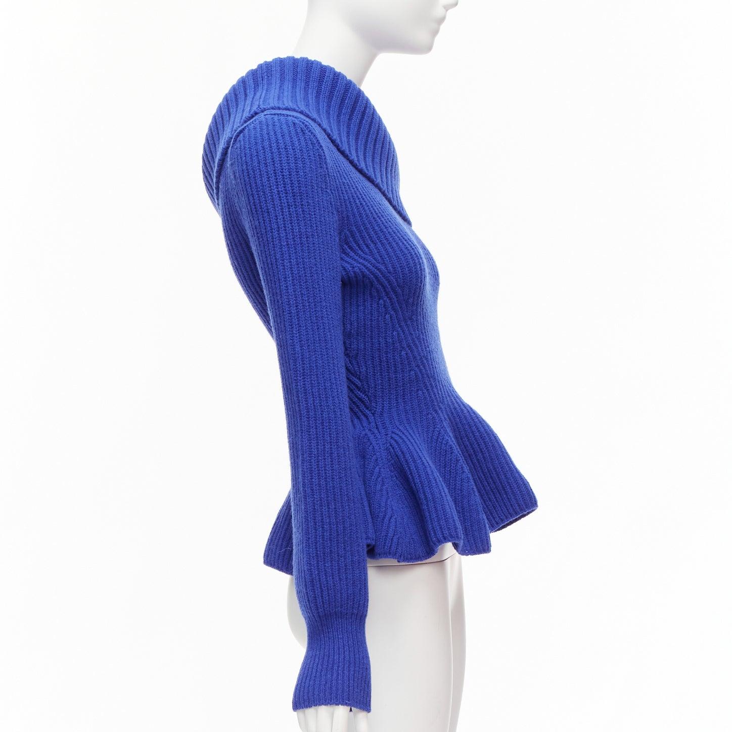 ALEXANDER MCQUEEN cobalt blue wool cashmere off shoulder peplum ribbed sweater S In Excellent Condition For Sale In Hong Kong, NT