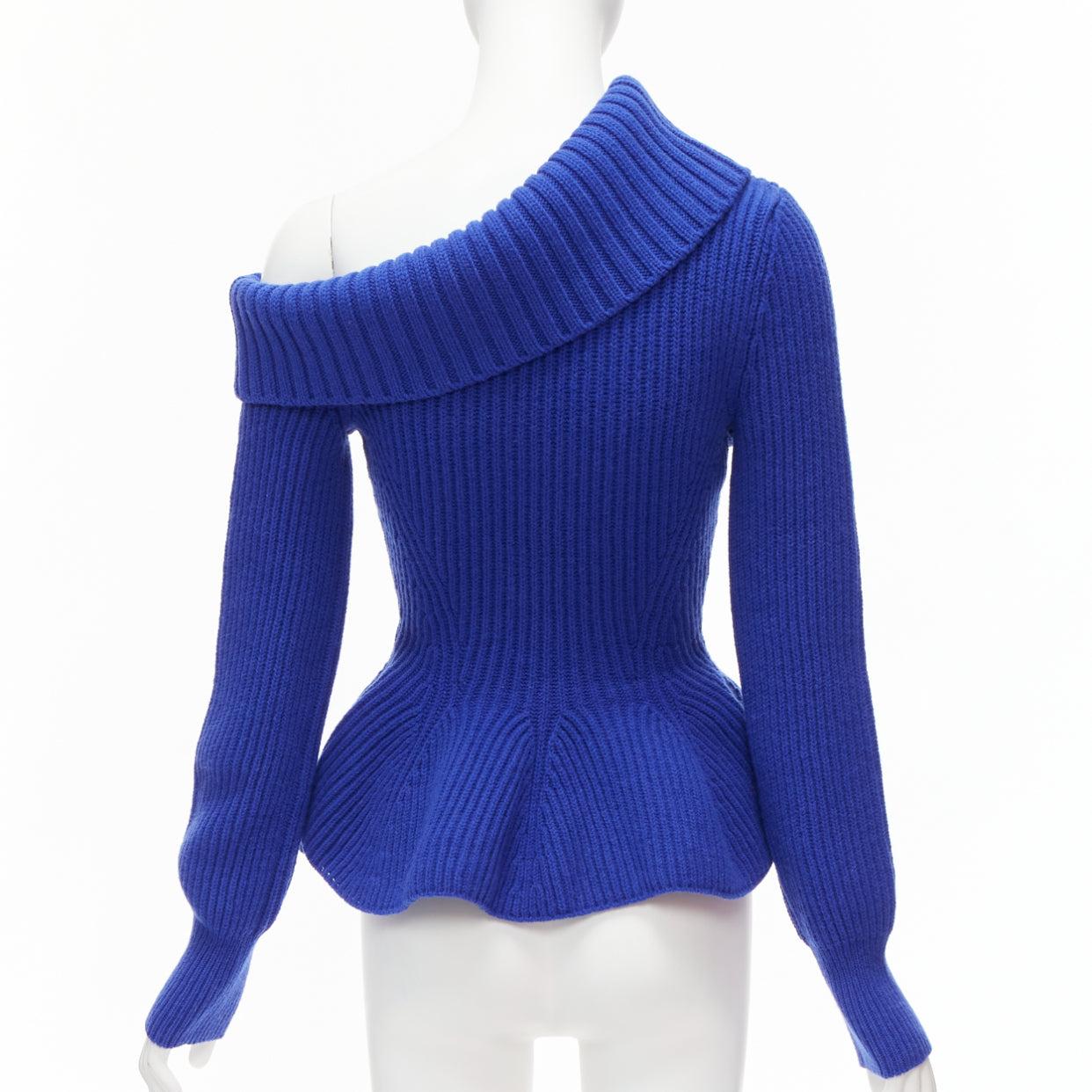 Women's ALEXANDER MCQUEEN cobalt blue wool cashmere off shoulder peplum ribbed sweater S For Sale