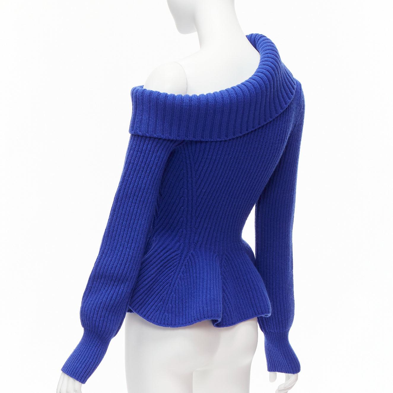 ALEXANDER MCQUEEN cobalt blue wool cashmere off shoulder peplum ribbed sweater S For Sale 1