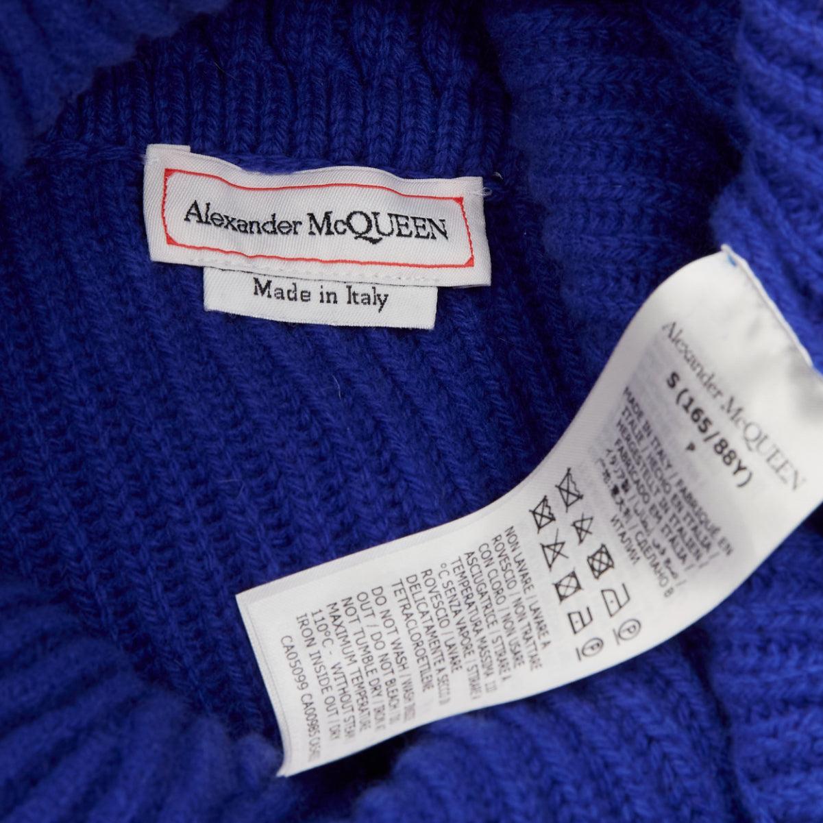 ALEXANDER MCQUEEN cobalt blue wool cashmere off shoulder peplum ribbed sweater S For Sale 4