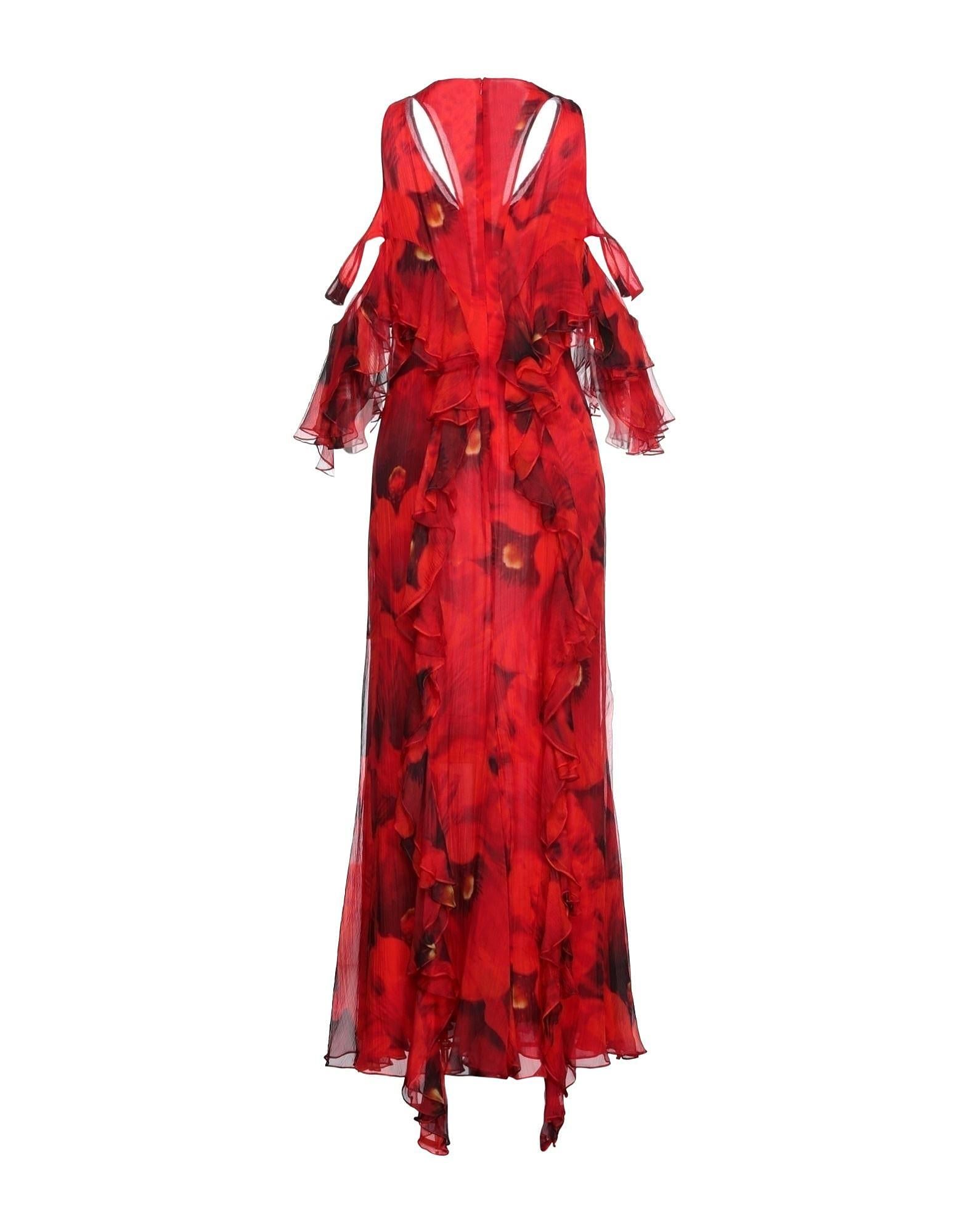 ALEXANDER MCQUEEN Maxi vestido de gasa de seda con estampado floral y hombros fríos 44 - 8 Rojo en venta