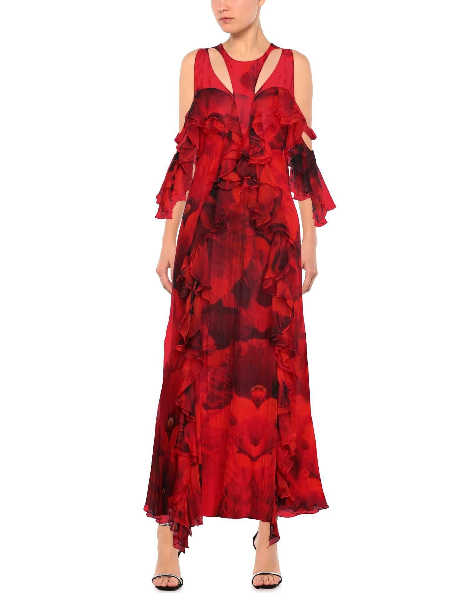 Red ALEXANDER MCQUEEN Cold-Shoulder Floral Print Silk-Chiffon Maxi Dress Gown 44 - 8 For Sale