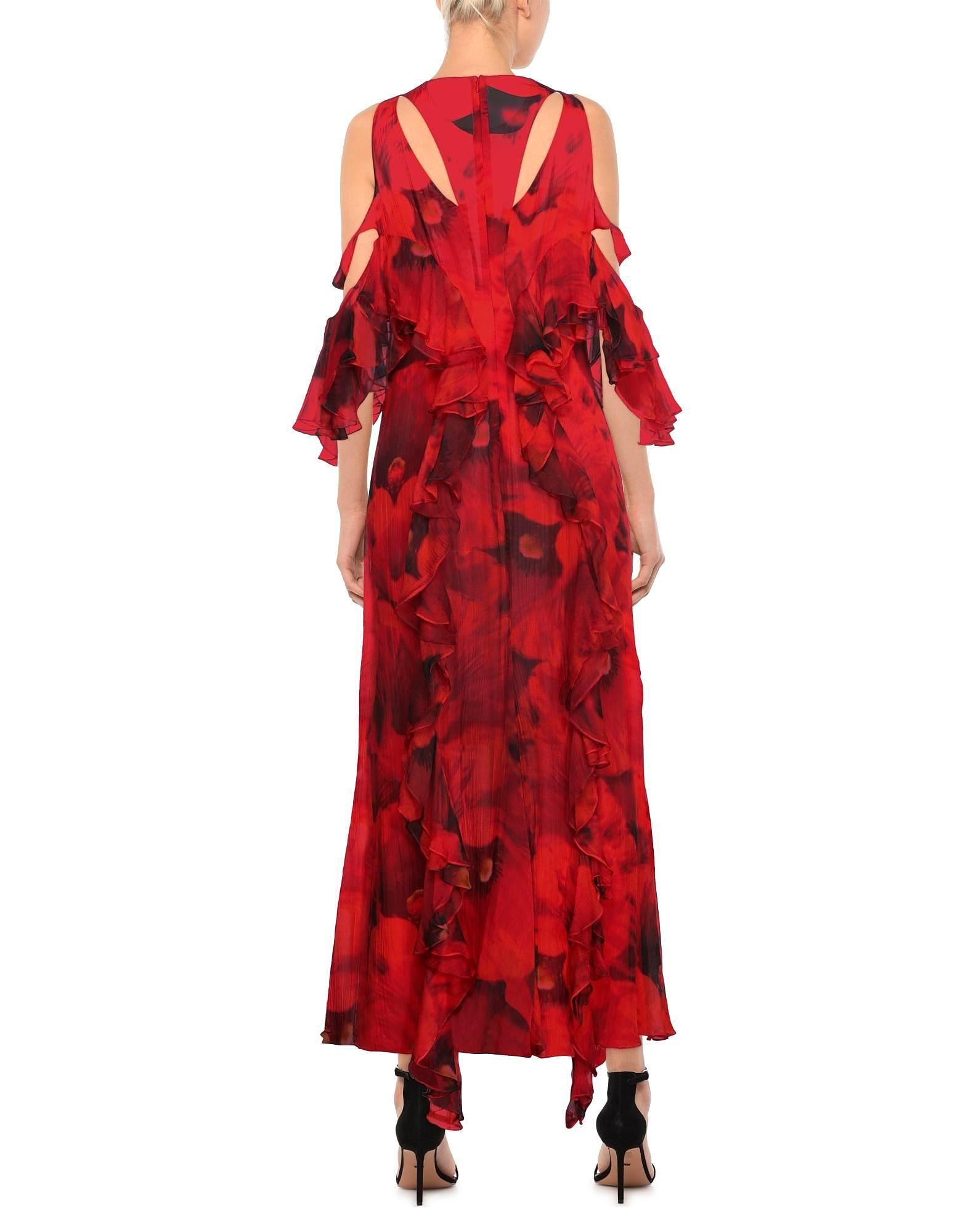 ALEXANDER MCQUEEN Cold-Shoulder Floral Print Silk-Chiffon Maxi Dress Gown 44 - 8 In New Condition For Sale In Montgomery, TX