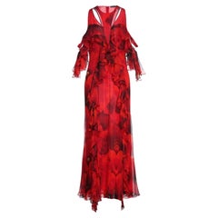 ALEXANDER MCQUEEN Cold-Shoulder Floral Print Silk-Chiffon Maxi Dress Gown 44 - 8