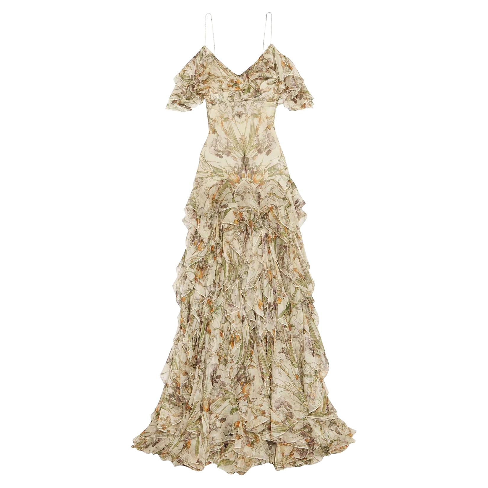 Alexander McQueen Cold Shoulder Ruffled Floral Print Silk Gown