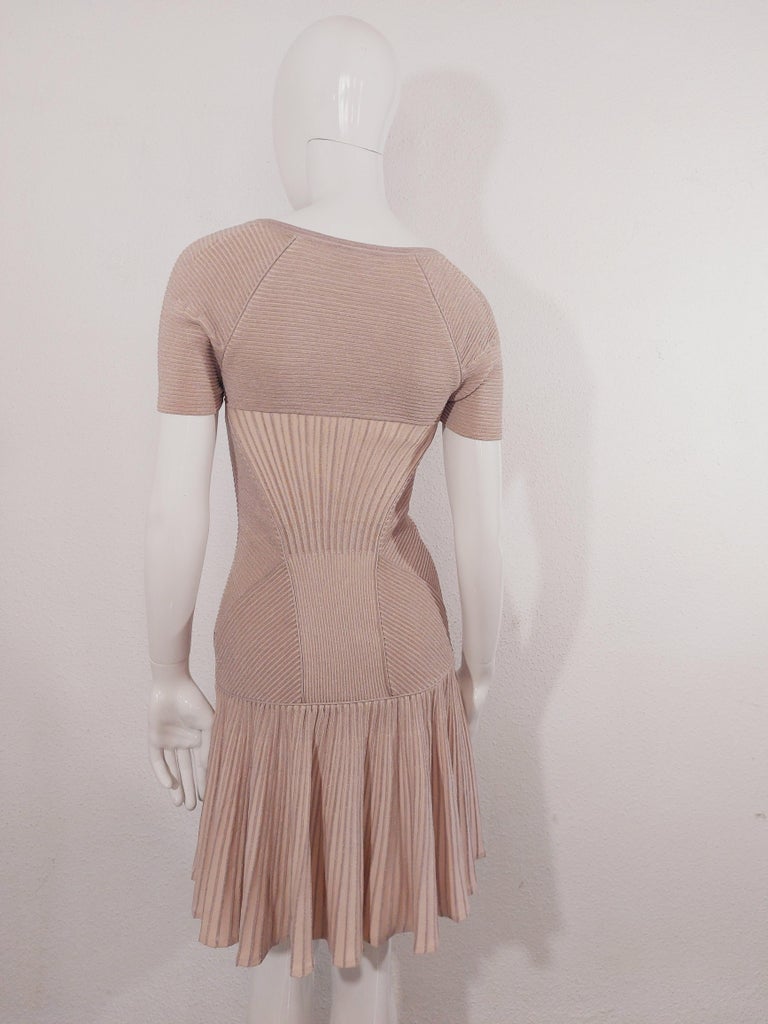 Alexander McQueen Corset Pink Pearl Striped Knit Metallic Cocktail Mini  Dress For Sale at 1stDibs