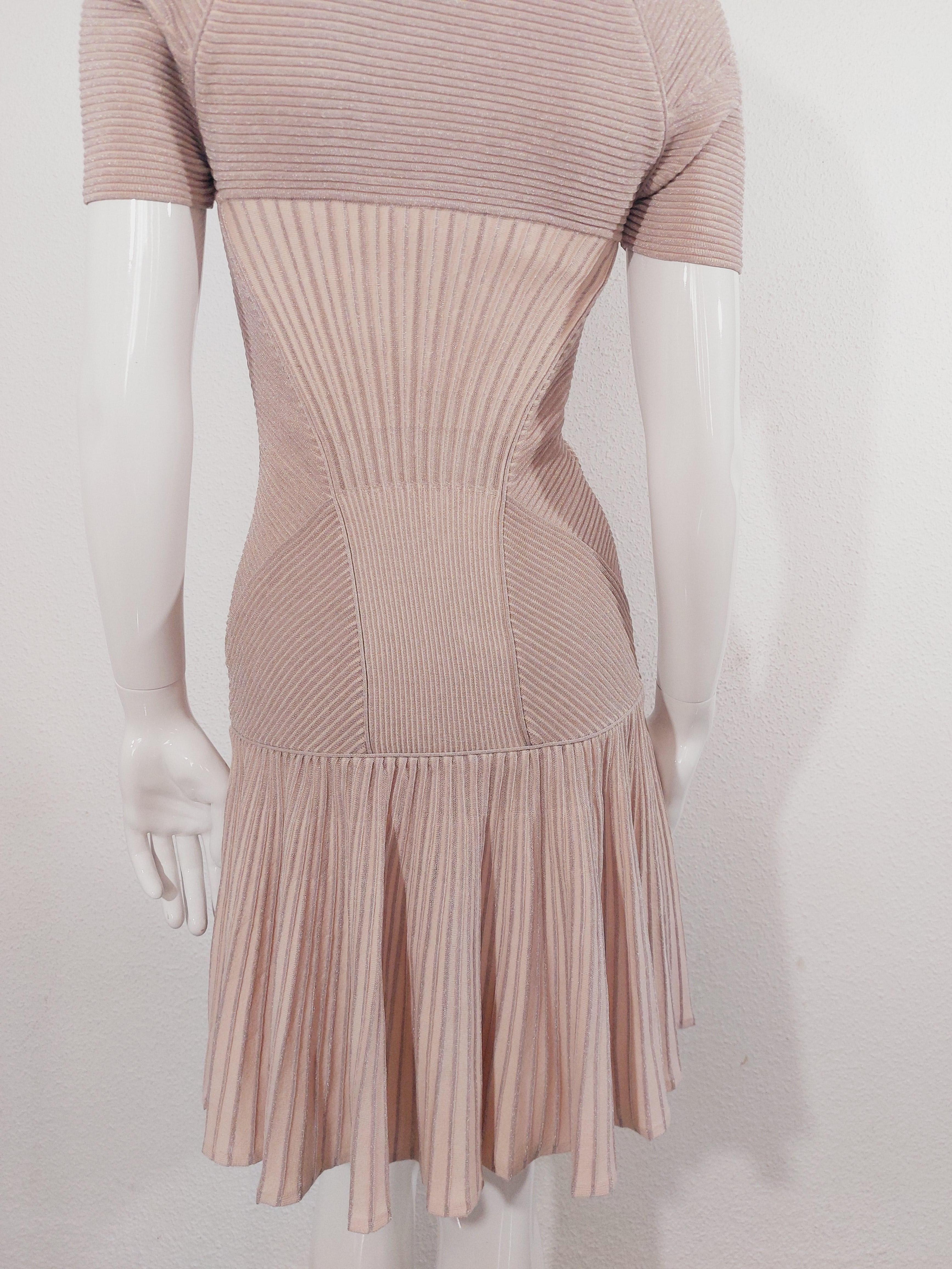 Alexander McQueen Corset Pink Pearl Striped Knit Metallic Cocktail Mini Dress For Sale 10