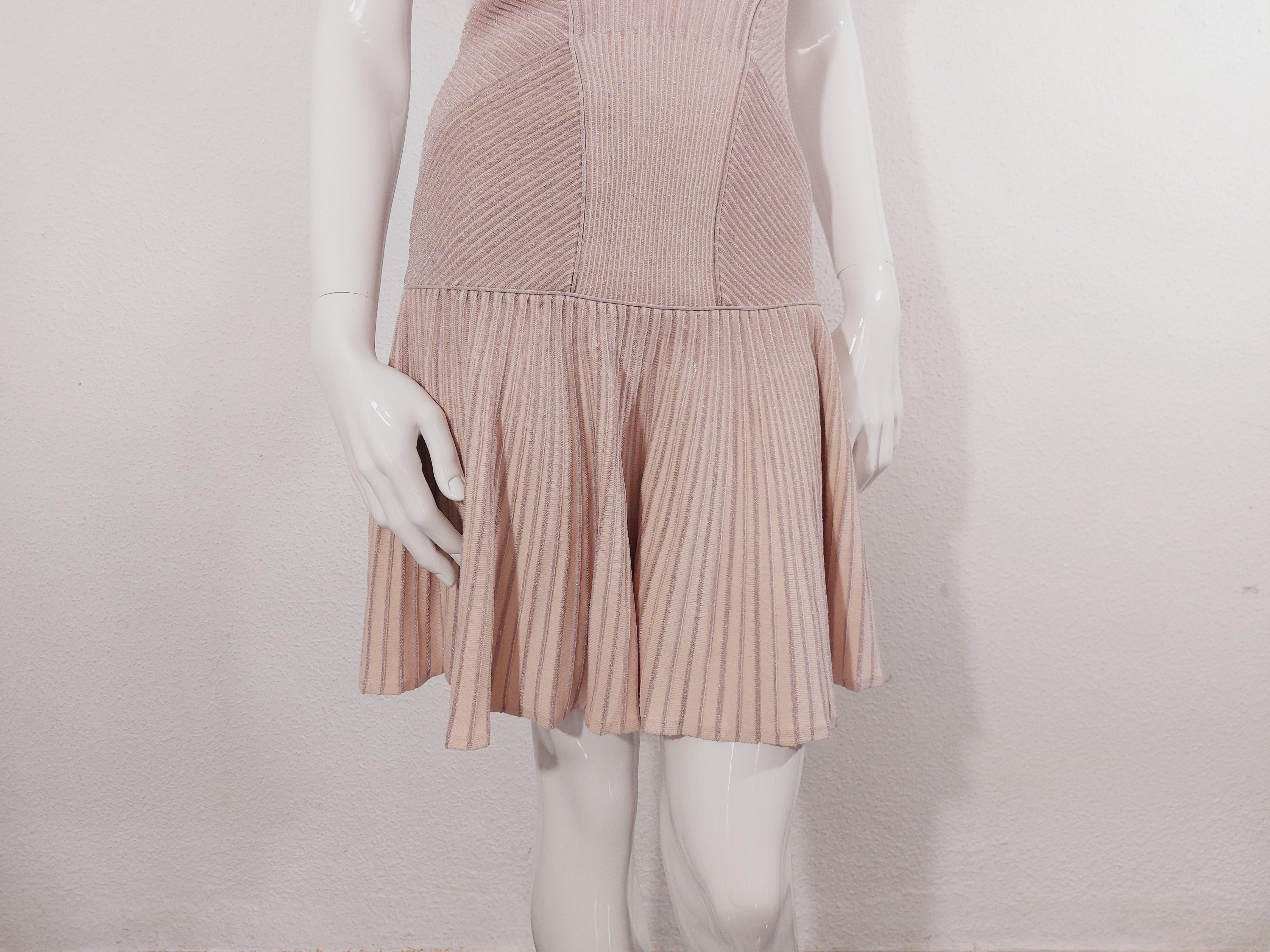 Alexander McQueen Corset Pink Pearl Striped Knit Metallic Cocktail Mini Dress For Sale 5