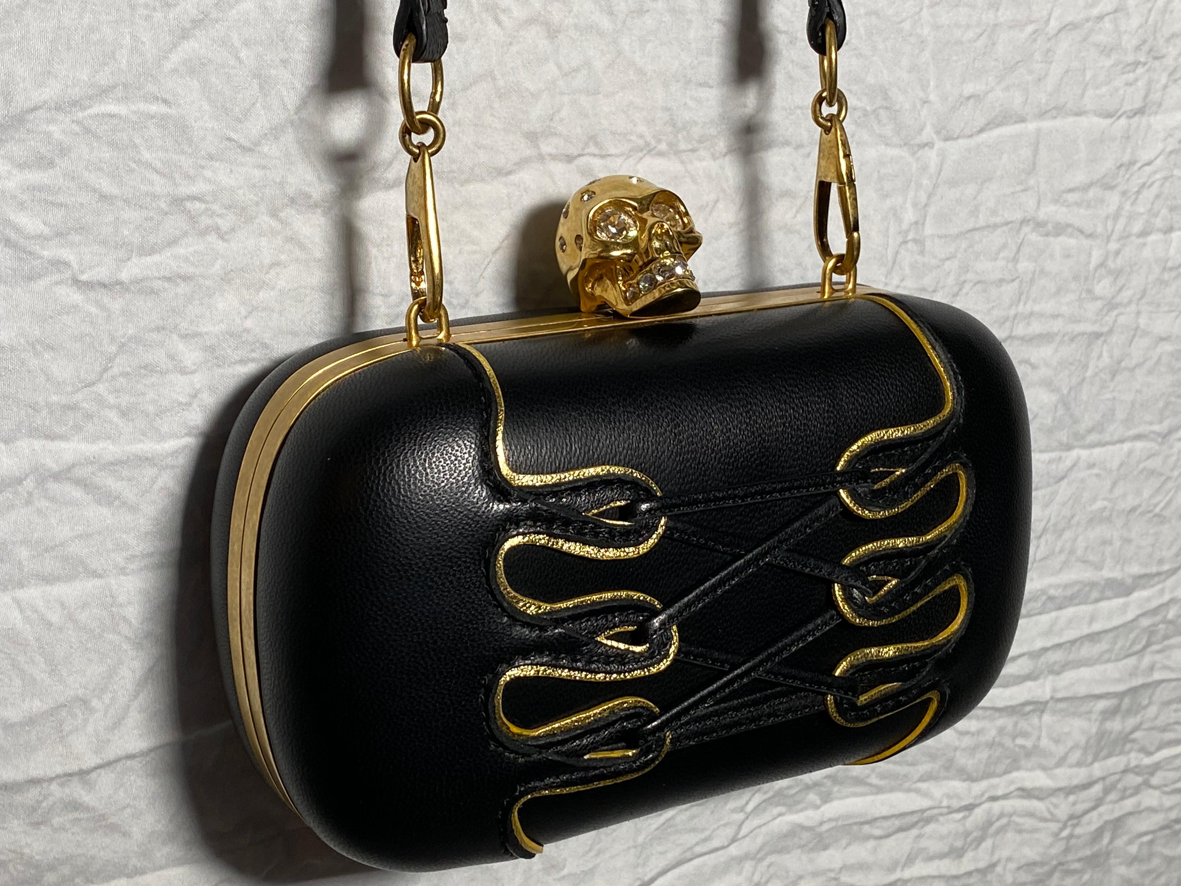 Black Alexander McQueen Corset Skull Box Clutch with strap For Sale