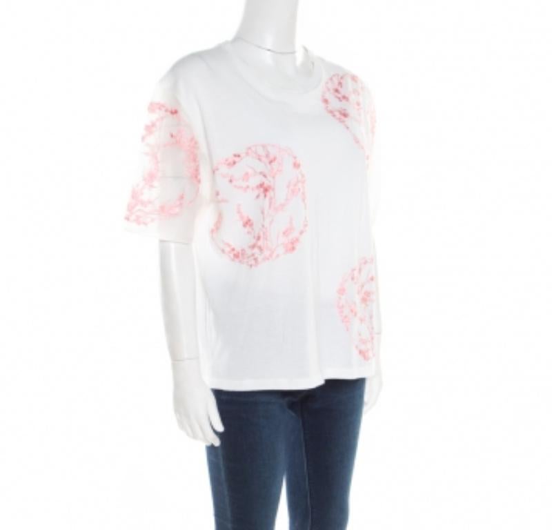Alexander McQueen Baumwoll-T-Shirt mit floraler Stickerei und Seidenärmel in Übergröße S im Angebot 1