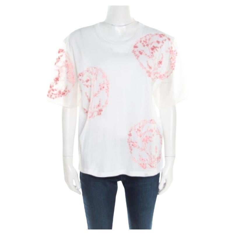 Alexander McQueen Baumwoll-T-Shirt mit floraler Stickerei und Seidenärmel in Übergröße S