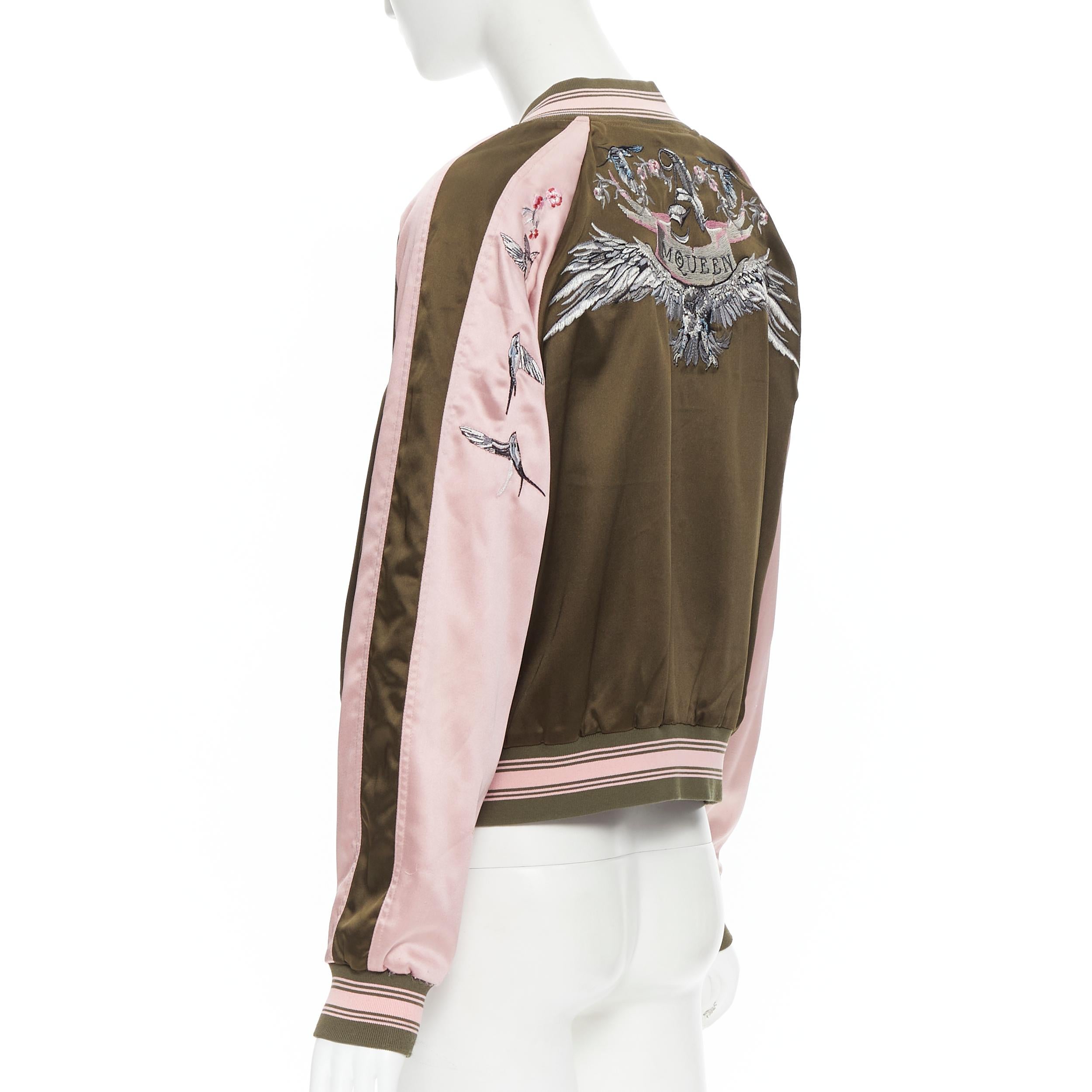 Alexander McQueen, giacca varsity in cotone e seta verde con ricamo di rondini IT36 XS 1