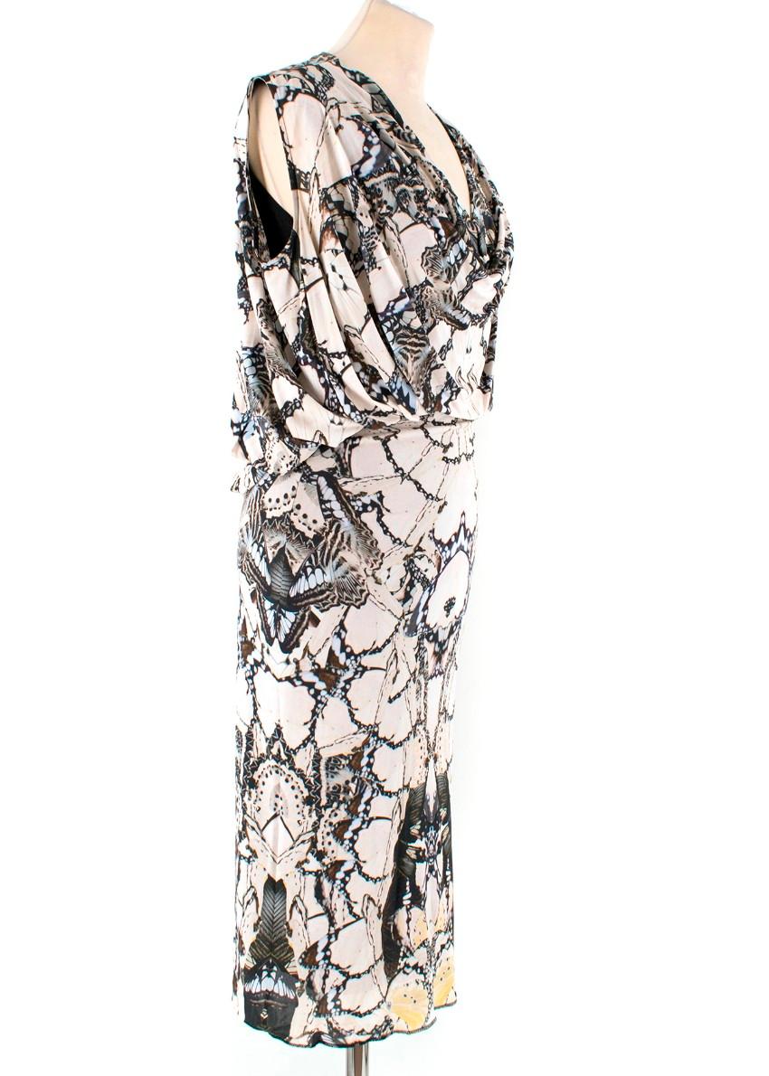 Alexander McQueen Cowl-Neck Butterfly-Print Midi Dress

- Abstract digital butterfly print
- Cream with black, brown, yellow and pale blue
- Stretch fabric
- Sleeveless
- Cowl V-neck
- Fitted skirt
- Lined
- Midi length

Please note, these items are