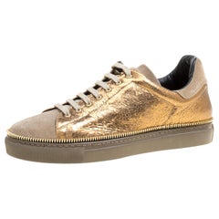 Alexander McQueen Crackled Gold Leather And Suede Zip Detail Sneakers Size 40