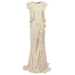 Alexander McQueen Cream Asymmetric Ruffle Accent Slit Evening Gown Size L