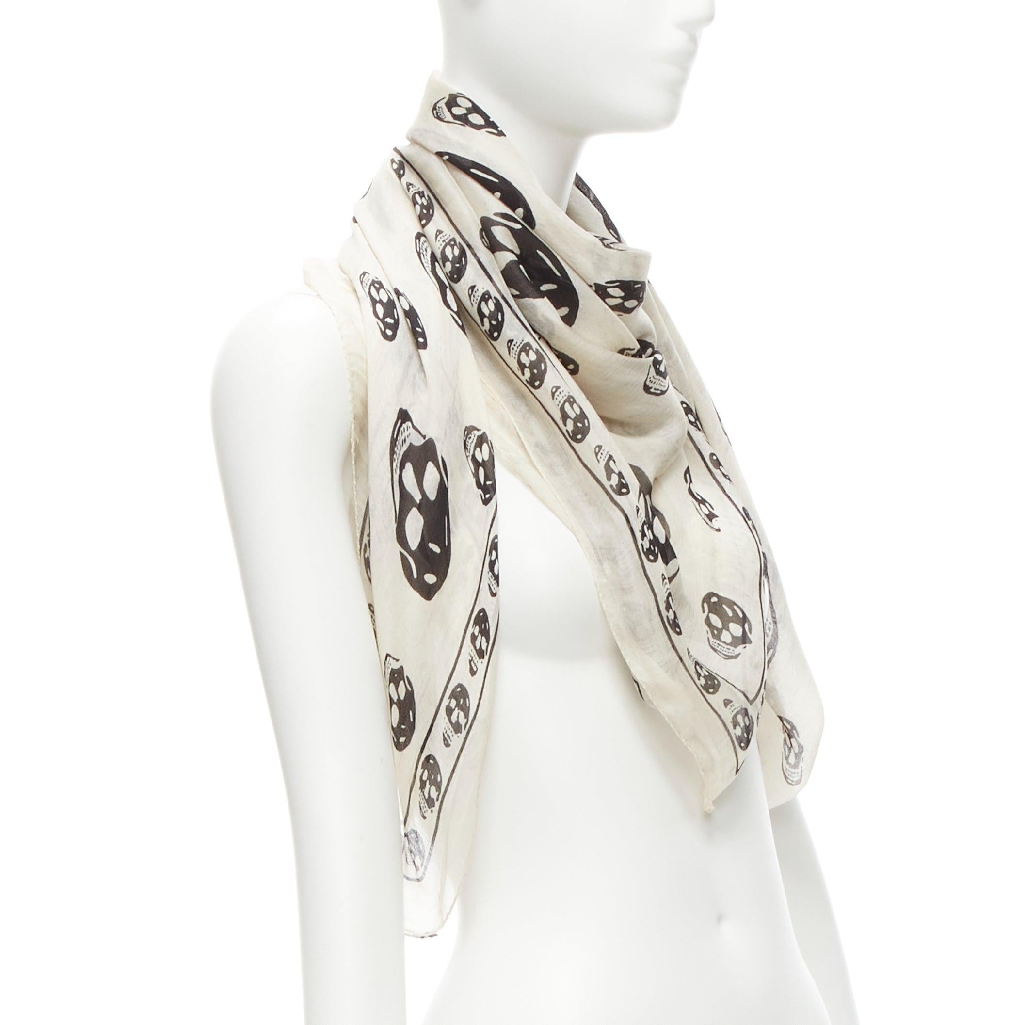 Black ALEXANDER MCQUEEN cream black skull print logo 100% silk scarf