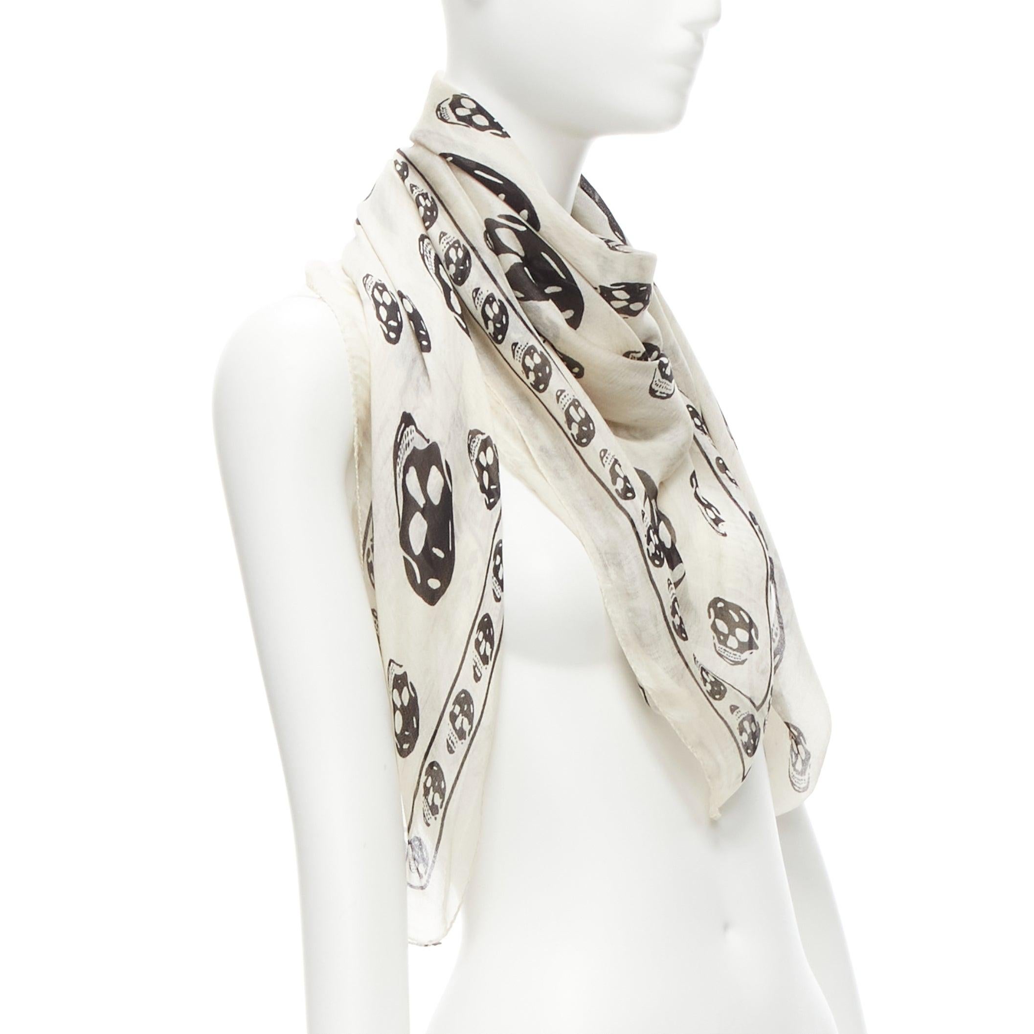 White ALEXANDER MCQUEEN cream black skull print logo 100% silk scarf For Sale