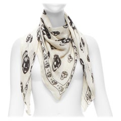 ALEXANDER MCQUEEN cream black skull print logo 100% silk scarf
