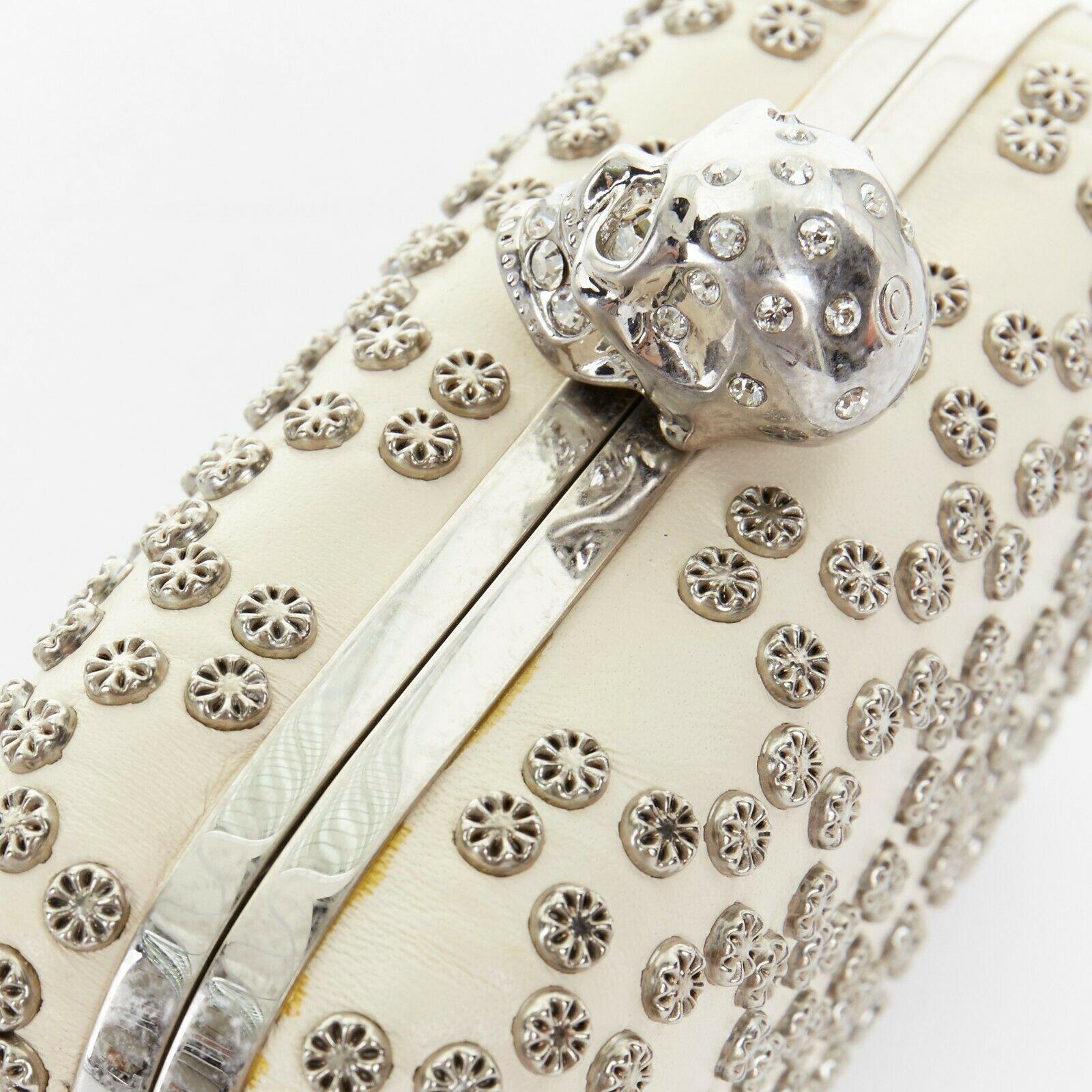 ALEXANDER MCQUEEN cream leather silver stud crystal embellished skull box clutch 7