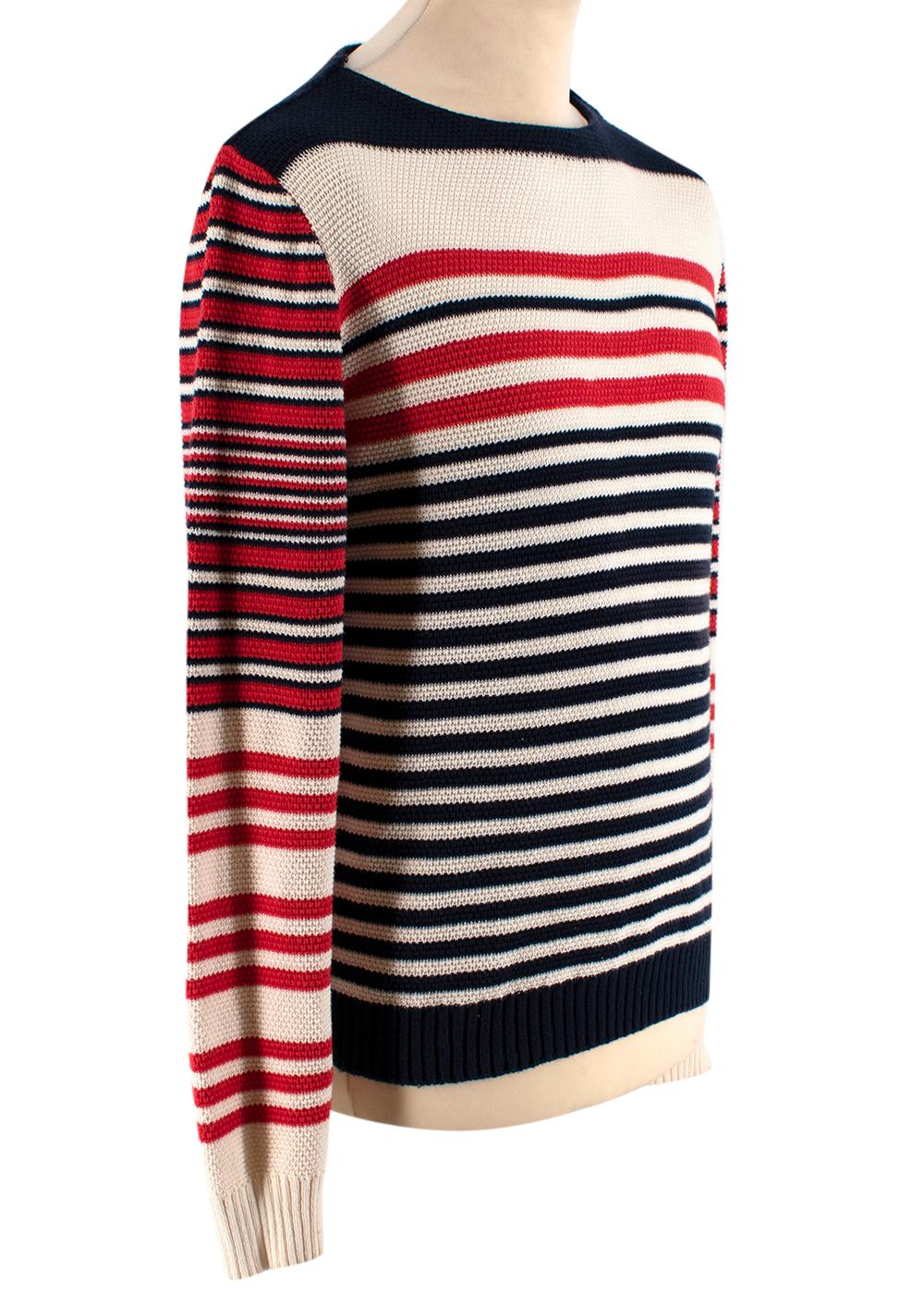 Alexander McQueen Red and Navy Striped Knit Jumper

- Navy blue, red, and cream striped
- Boatneck
- Soft fabric
- Long sleeve

Materials: 
92% Cotton
8% Cashmere

Made in Italy
Dry Clean only

Measurements:
Approx. 
Measurements are taken laying
