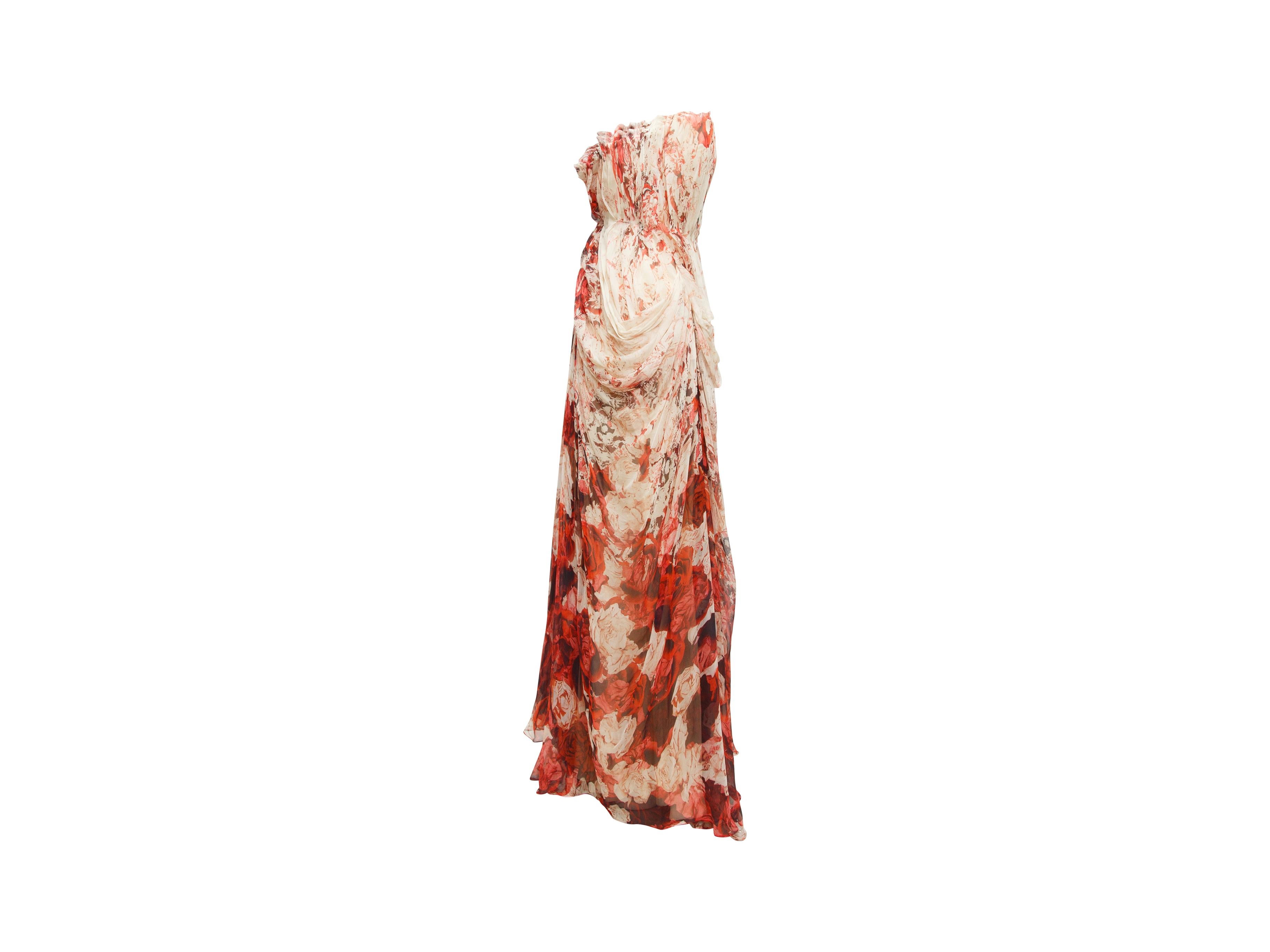 Alexander McQueen Cream & Red Rose Print Silk Gown In Good Condition In New York, NY