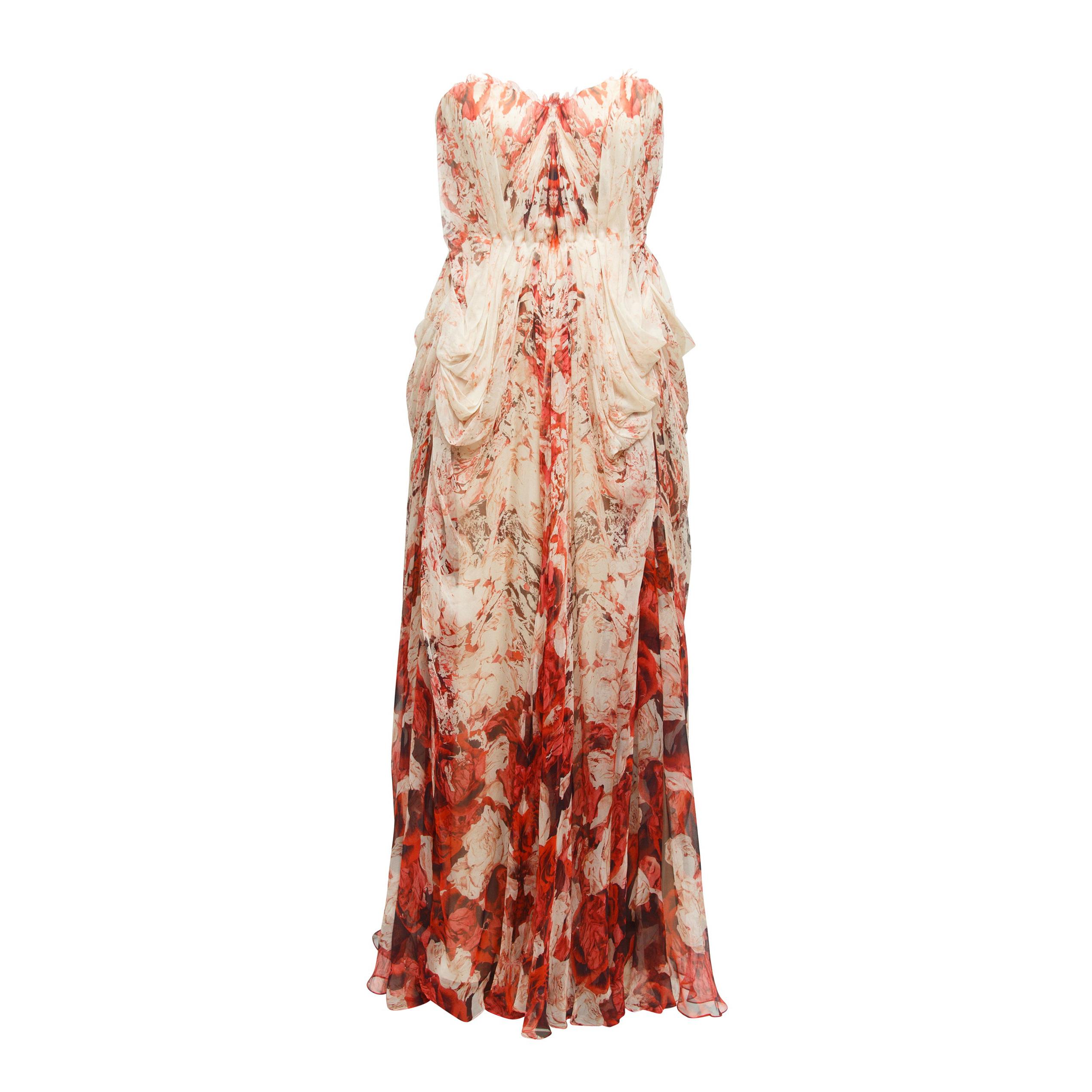 Alexander McQueen Cream and Red Rose Print Silk Gown For Sale at ...