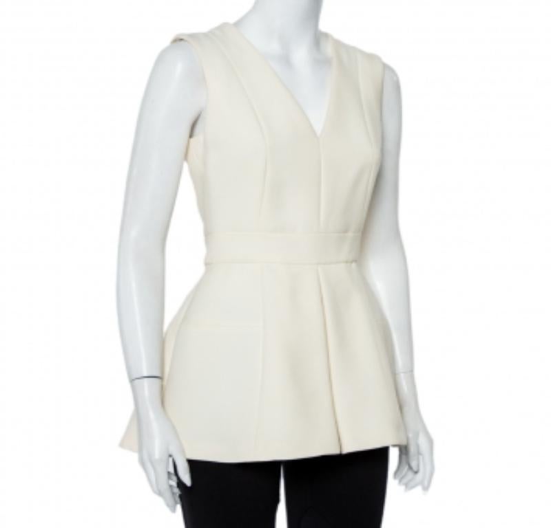 Alexander McQueen Cream Wool & Silk Sleeveless Peplum Top S For Sale 2