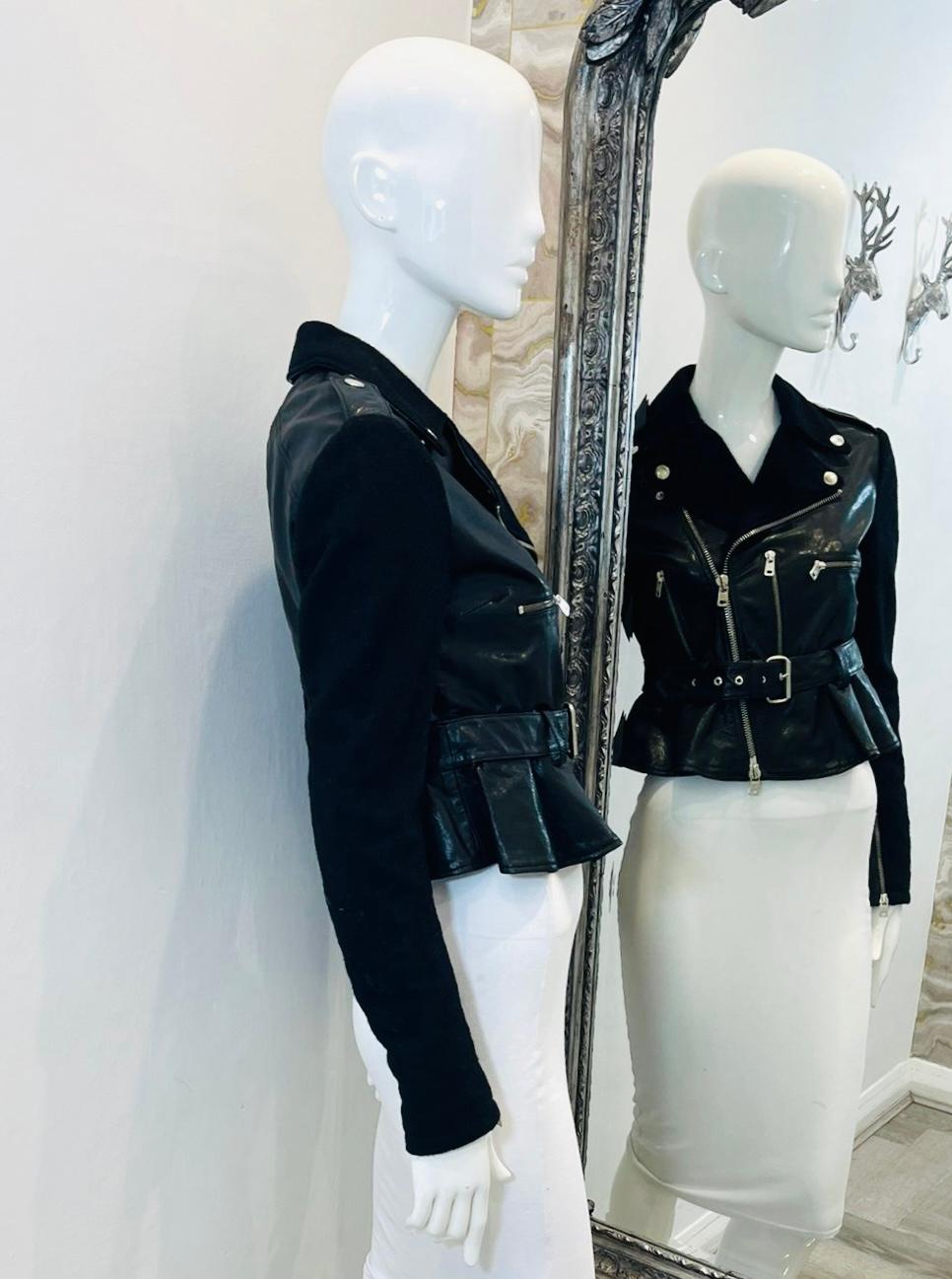 Alexander McQueen Cropped Peplum Leather & Wool Biker Jacket In Excellent Condition In London, GB