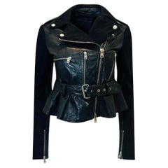 Alexander McQueen Cropped Peplum Leather & Wool Biker Jacket