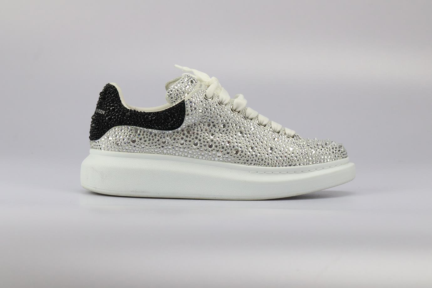 Alexander Mcqueen Crystal Embellished Suede Platform Sneakers. Silver, black and white. Lace up fastening - Front. Does not come with - dustbag or box. EU 40 (UK 7, US 10). Insole: 11.1 in. Heel height: 1.6 in. Platform: 1.6 in. Condition: Used.