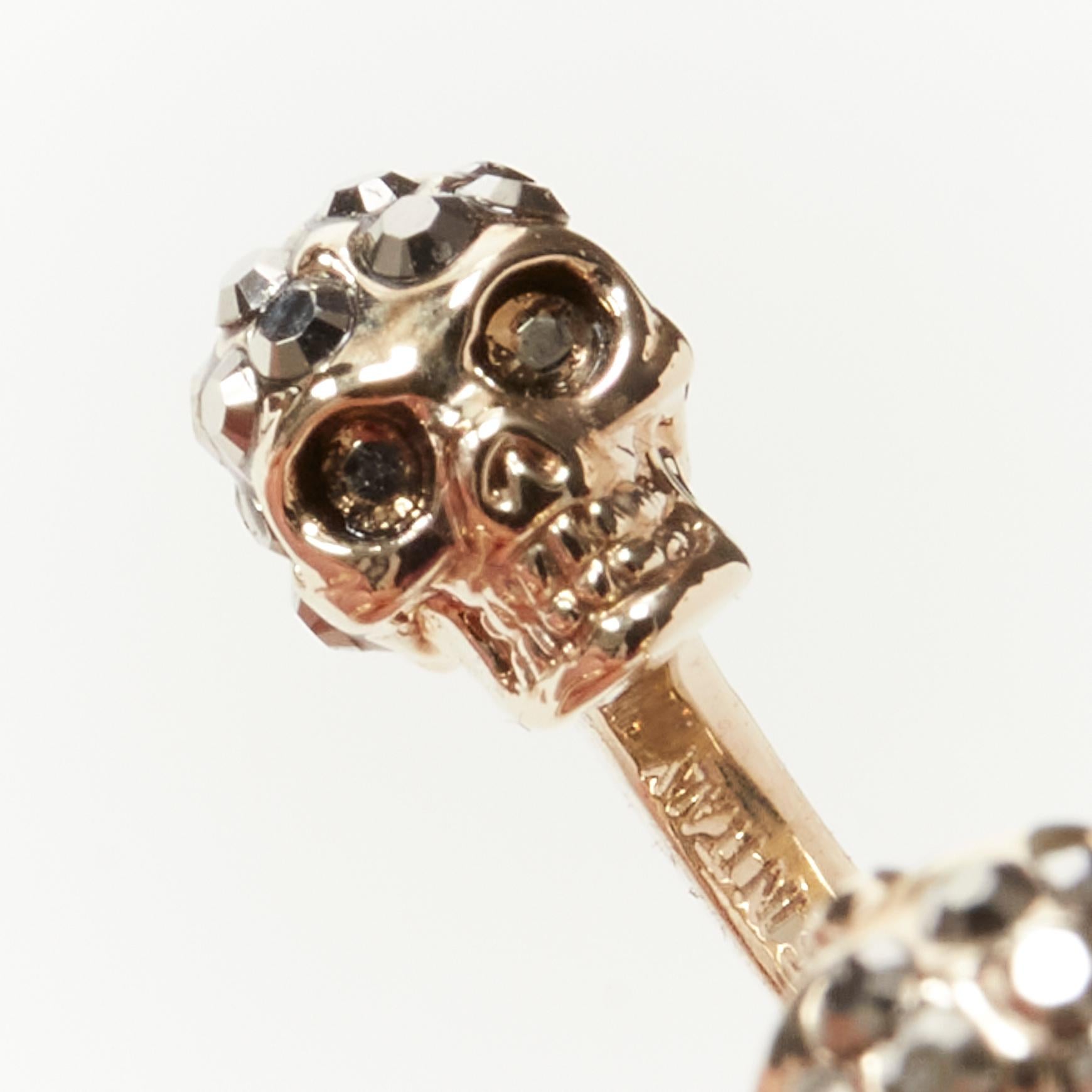 Gold ALEXANDER MCQUEEN crystal encrusted double skull gold tone double ring 6.5 For Sale