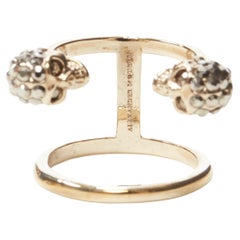 ALEXANDER MCQUEEN crystal encrusted double skull gold tone double ring 6.5