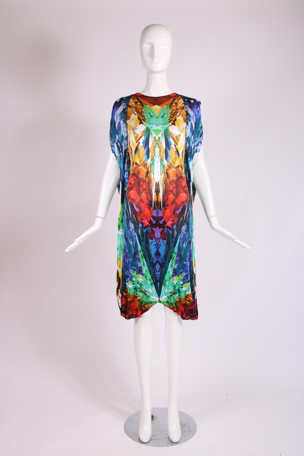 Alexander Mcqueen 2009 S/S crystal kaleidoscope print mini dress w/cape in rainbow colors from the iconic 