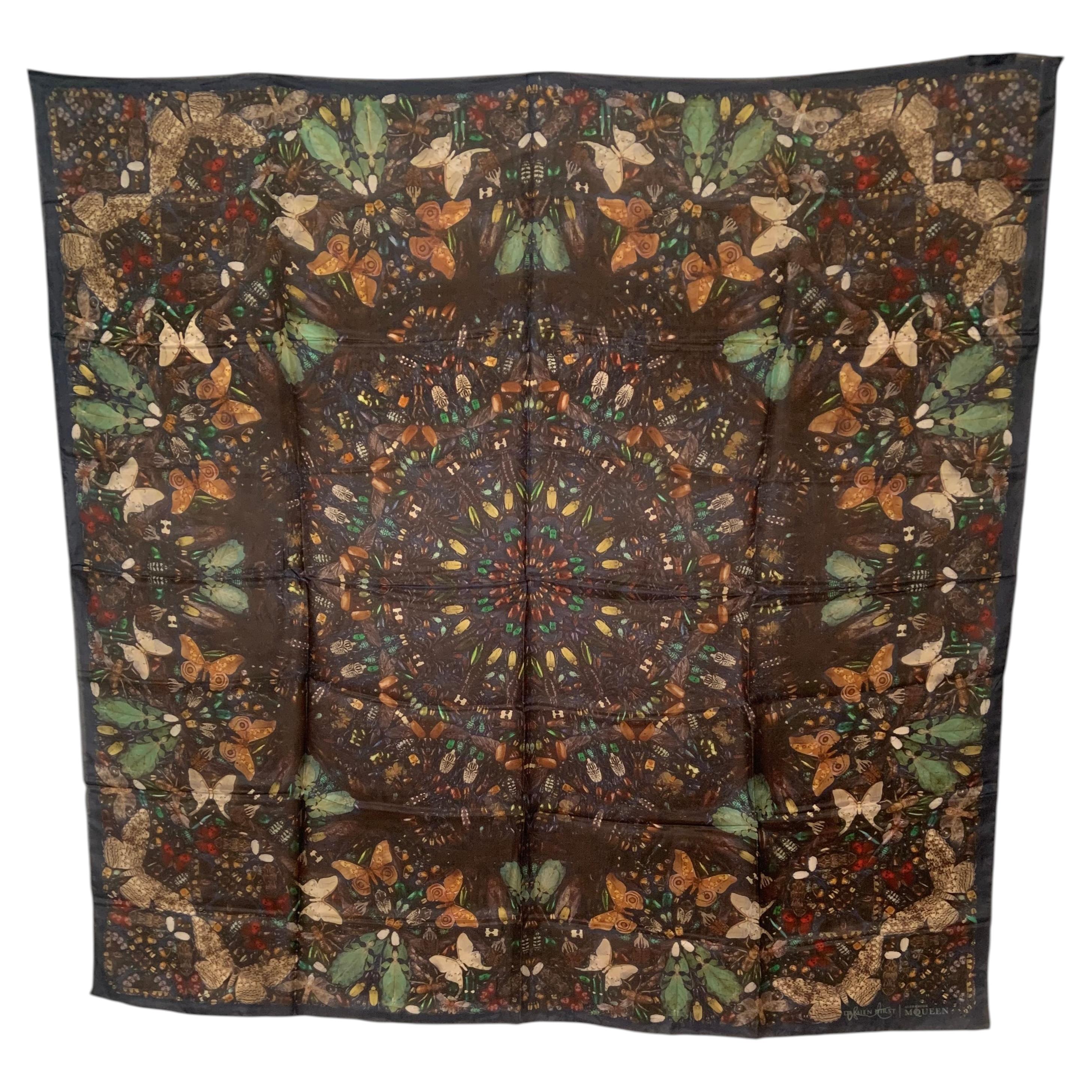 Pre-owned Alexander Mcqueen Damien Hirst Capaneus Butterfly Navy Blue Silk Shawl With Box
