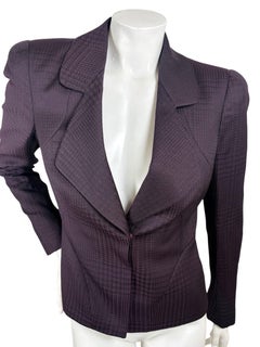 Giacca sartoriale Alexander McQueen in jacquard scultoreo color melanzana scuro, taglia IT 44